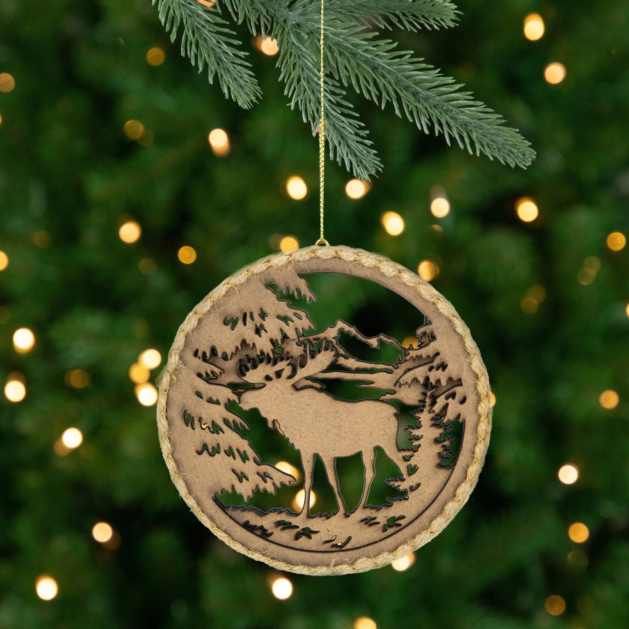 4.25 in Moose with Forest Trees Disk Christmas Ornament, Brown