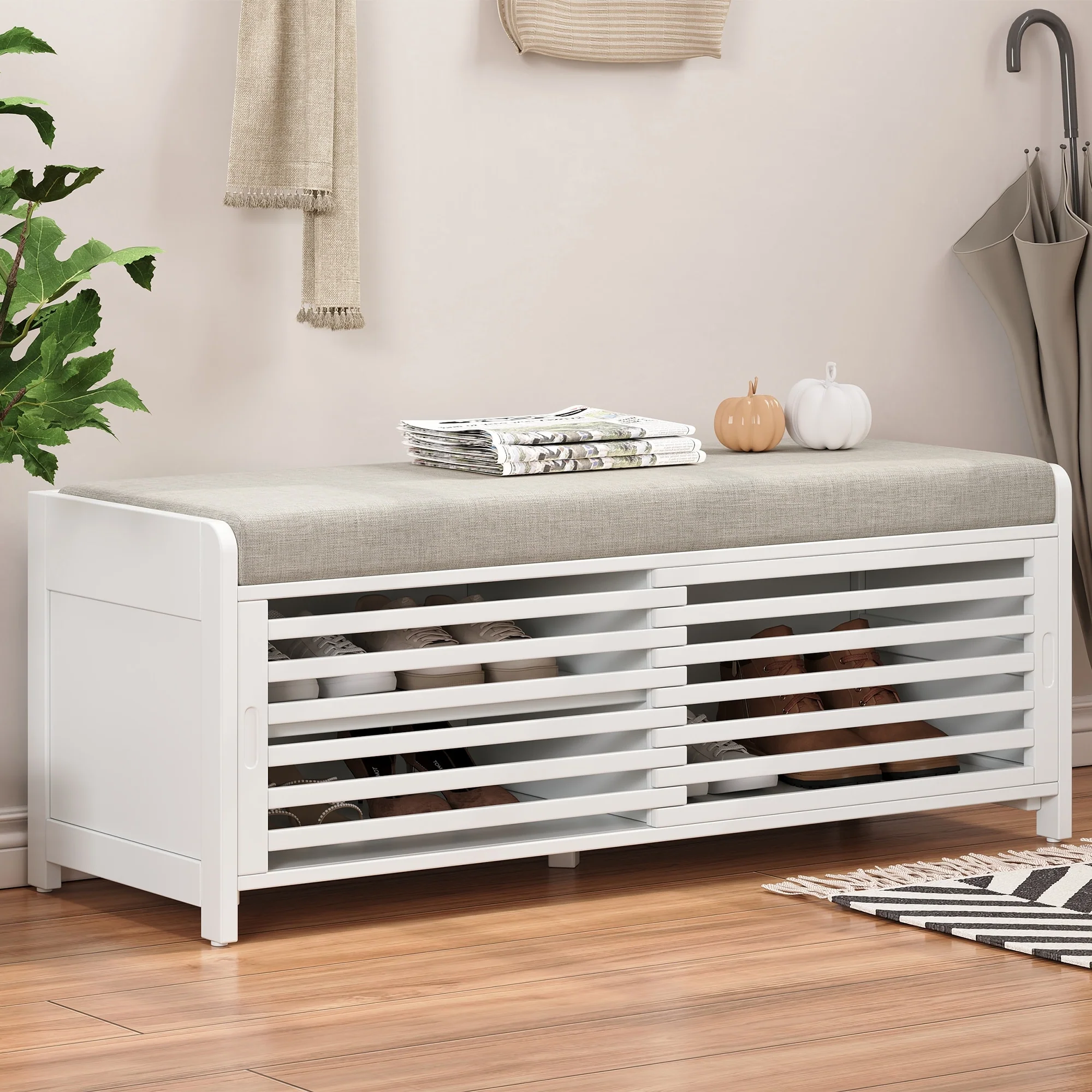 Entryway Shoe Cabinet, Distressed Shutter Storage Bench with Acacia Veneer for Retro Charm for Living Room, Entryway