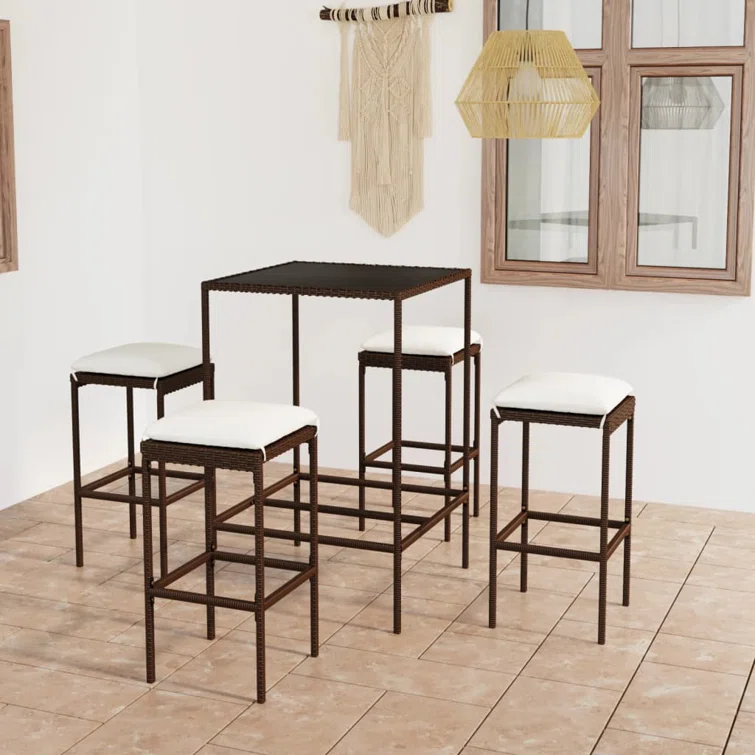 Patio Bar Table and Stools with Cushions Poly Rattan