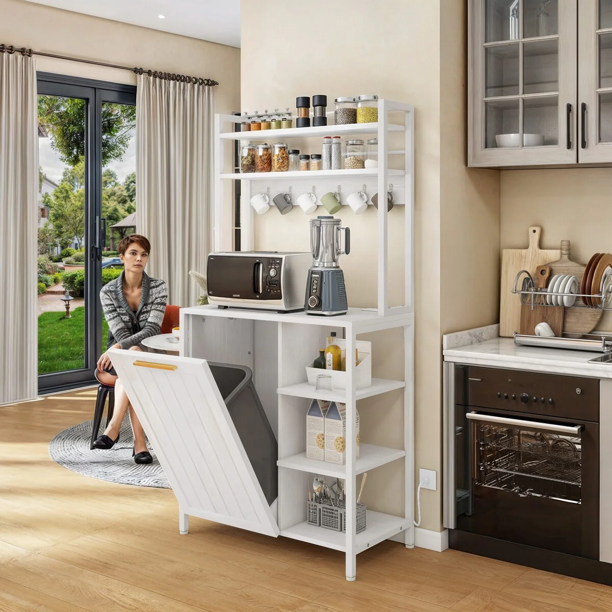 Moasis 6 Tier Kitchen Bakers Rack with Storage Shelves, Kitchen Organizer with Trash Can Bin Cabinet