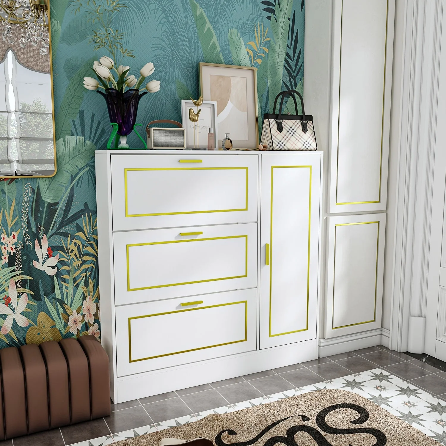 Fold-Out Shoes Cabinet Storage Cabinet Dresser Chest(Black/White)