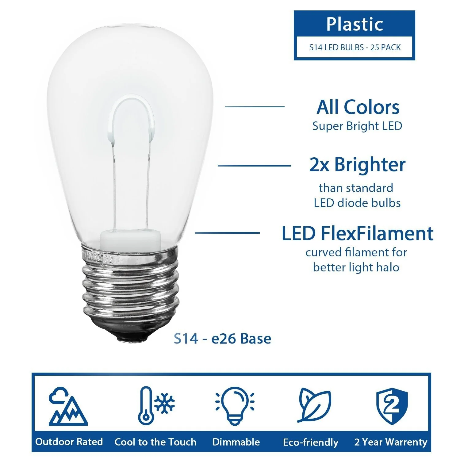 25 Pack LED S14 Outdoor Patio Edison Replacement Bulbs, Pure White, E26 Base