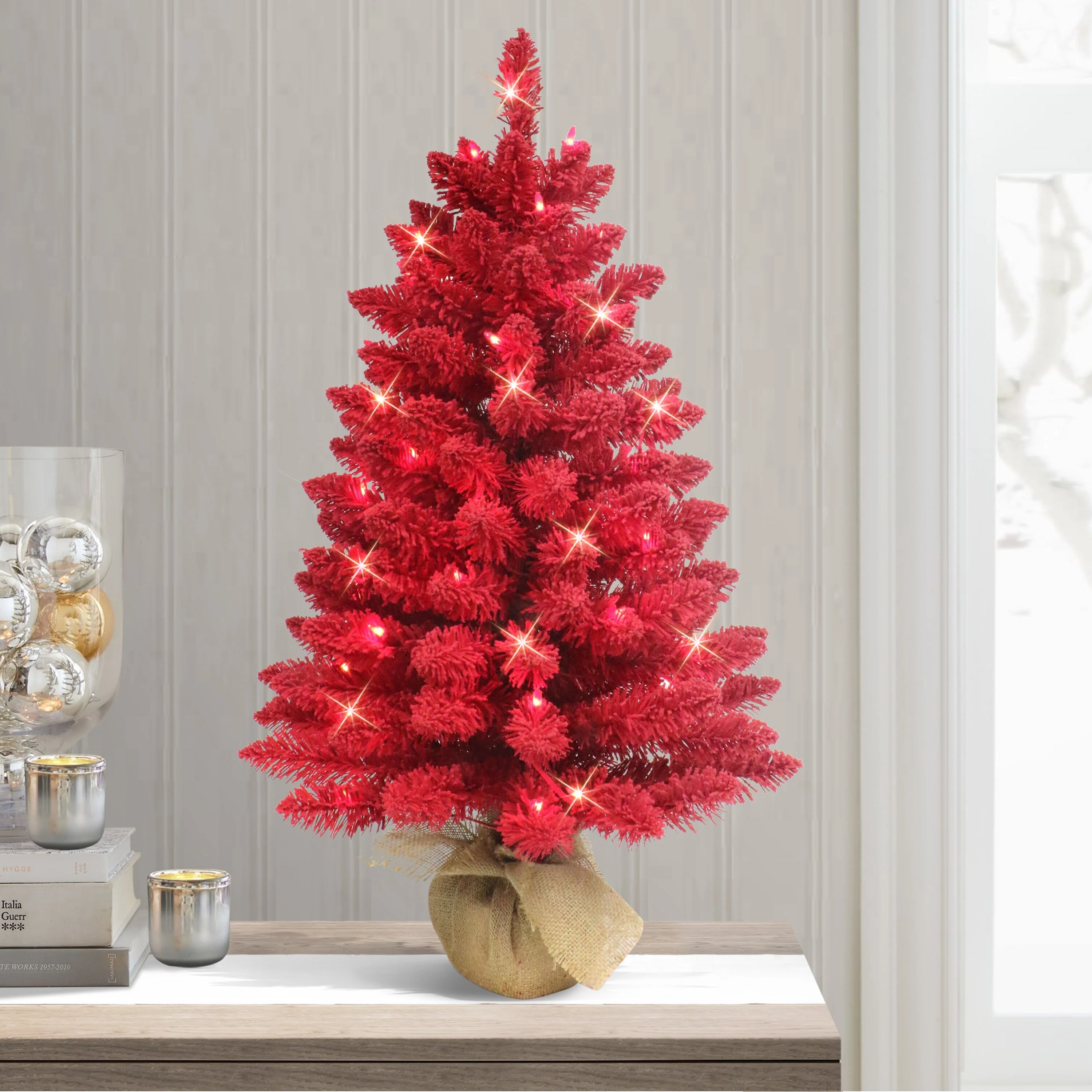 Puleo International 3' Pre-Lit Artificial Flocked Fashion Red Tree