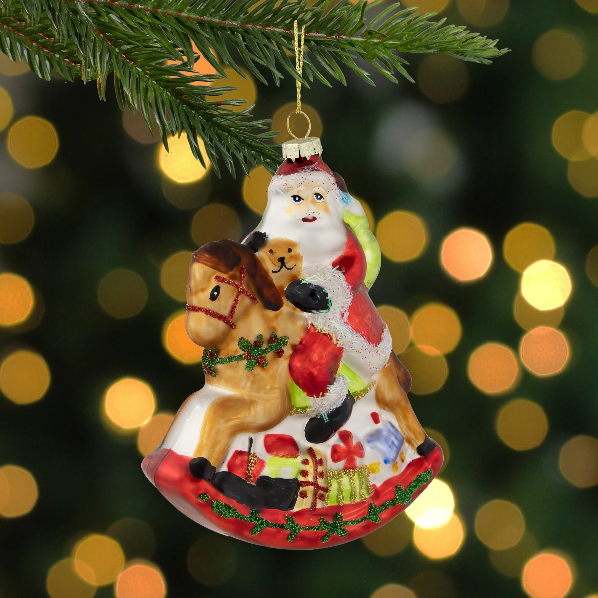 Santa on a Rocking Horse Glittered Glass Christmas Ornament - 4.75