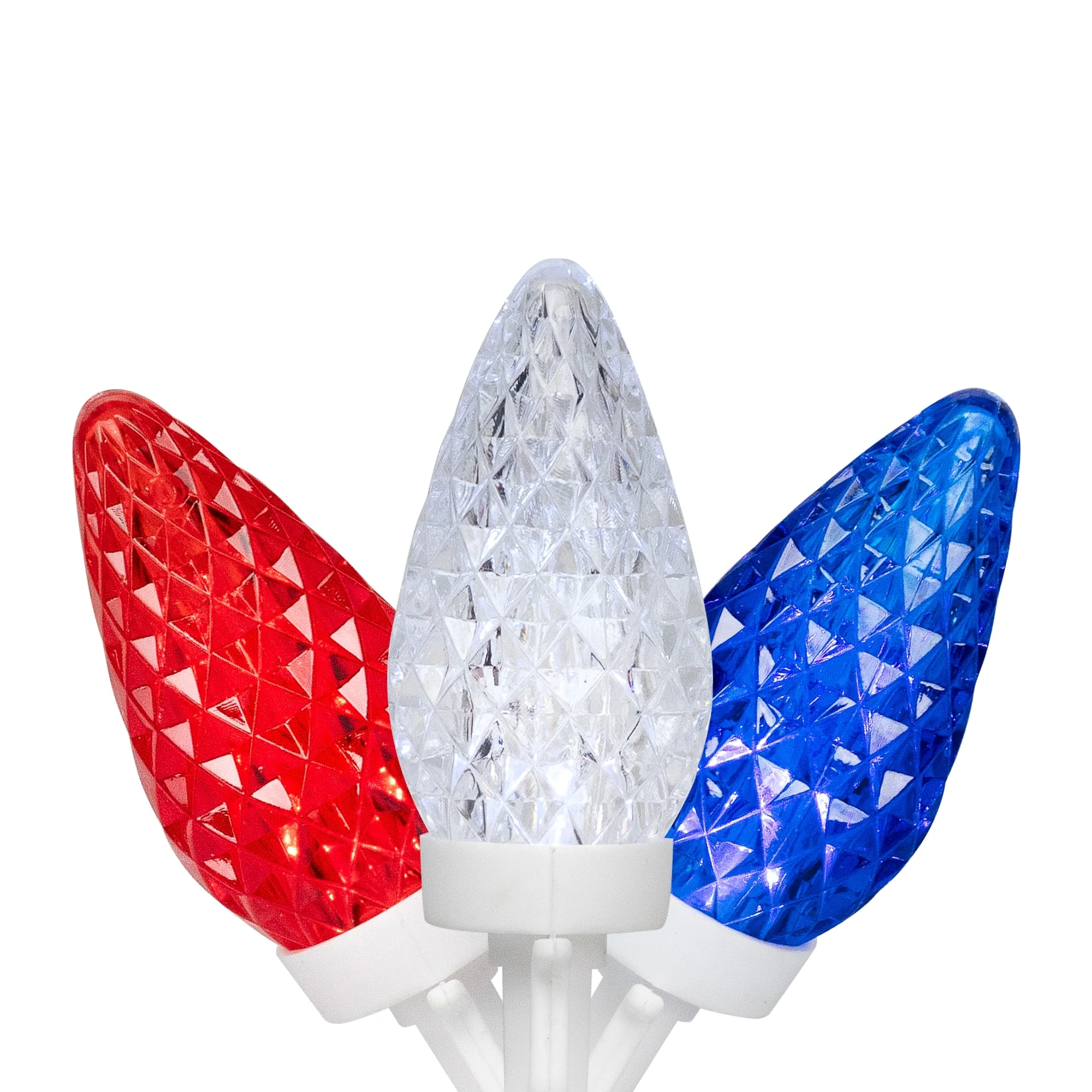 Patriotic LED C9 Faceted Christmas Lights - Red, White and Blue - 66' White Wire - 100ct
