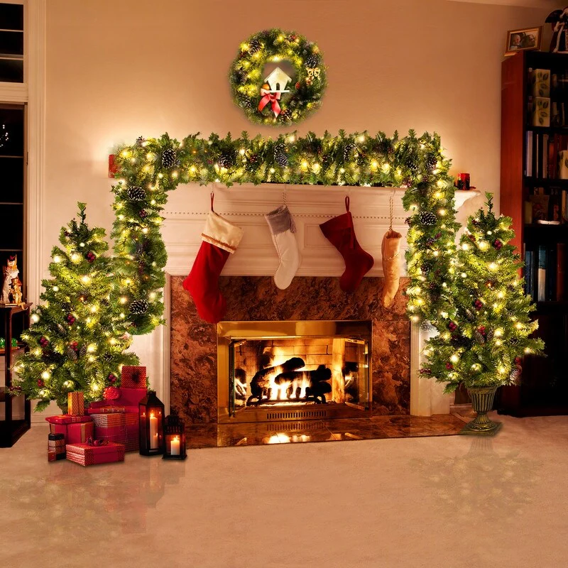 4 Piece Pre-lit Christmas Decoration Set with LED Lights, Christmas Garlands, Wreath and Set of 2 Entrance Trees