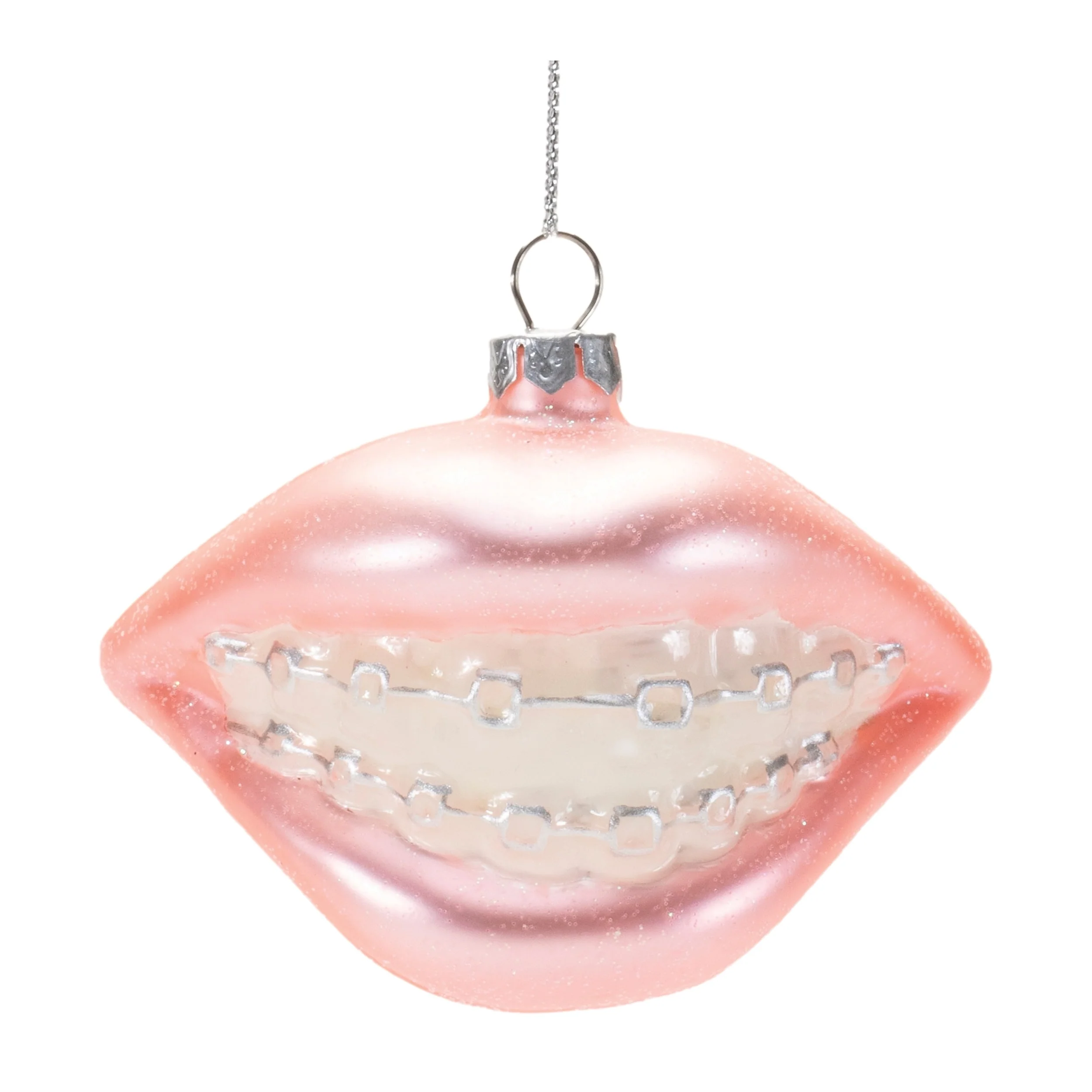 Set of 12 Pink White Glass Teeth with Braces Ornaments with Glitter Detail Perfect for Gift Giving - 3.5”L x 2.5”W x 2.5”H