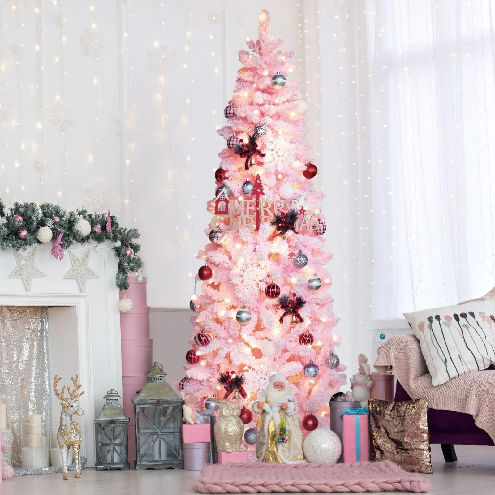 VEIKOUS Pre-Lit Artificial Christmas Tree Pencil Snow with Foldable Iron Stand with LED lights, 5.5/6.5/7.5 ft