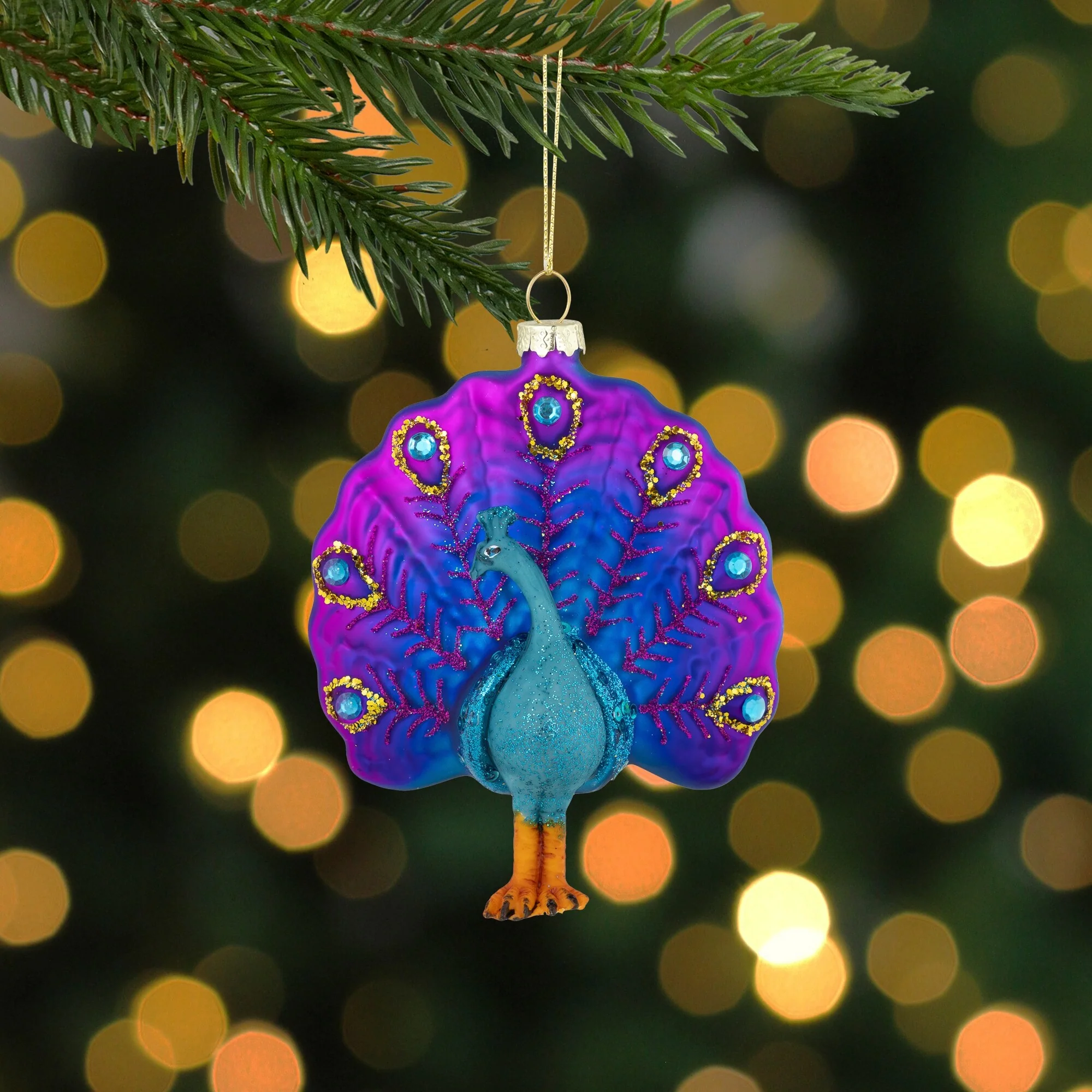 Standing Glittered Peacock Glass Christmas Ornament - 4.75