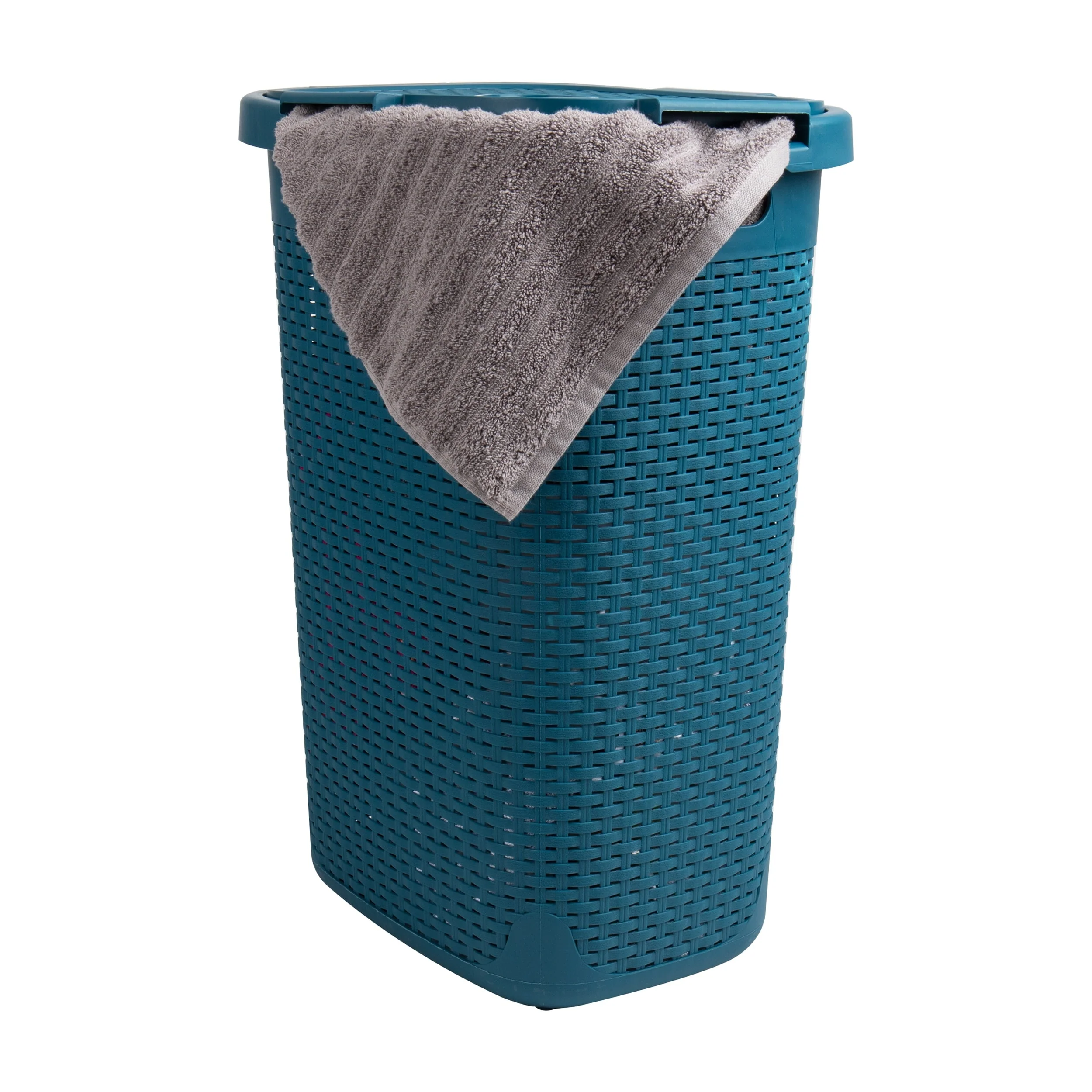 Mind Reader 60L Slim Laundry Hamper, Clothes Basket, Lid, Wicker Design, Plastic, 17.65