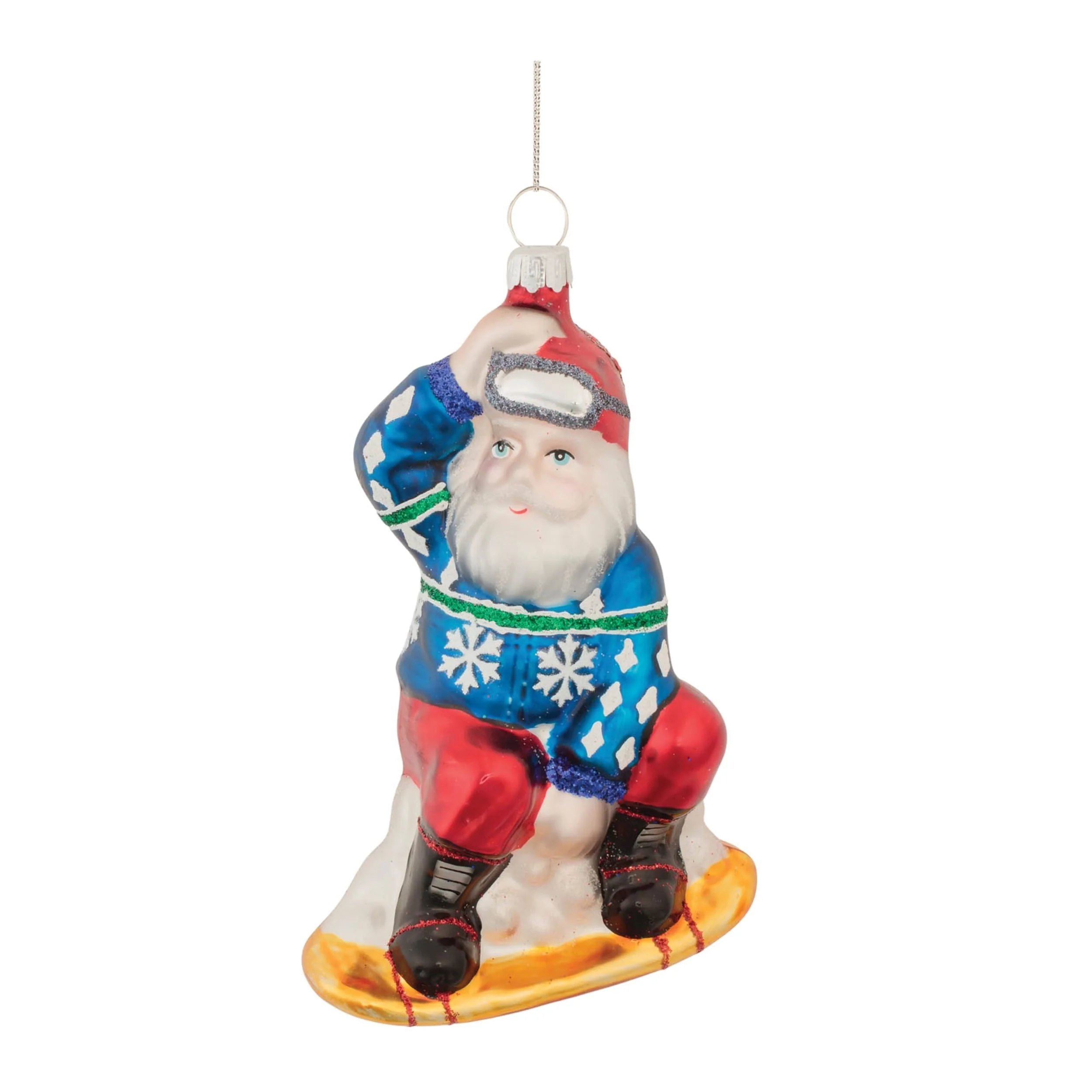 Glass Snowboarding Santa Ornaments Set of 6 with Glitter Accents - 3.5” x 2” x 5.25” (L x W x H)