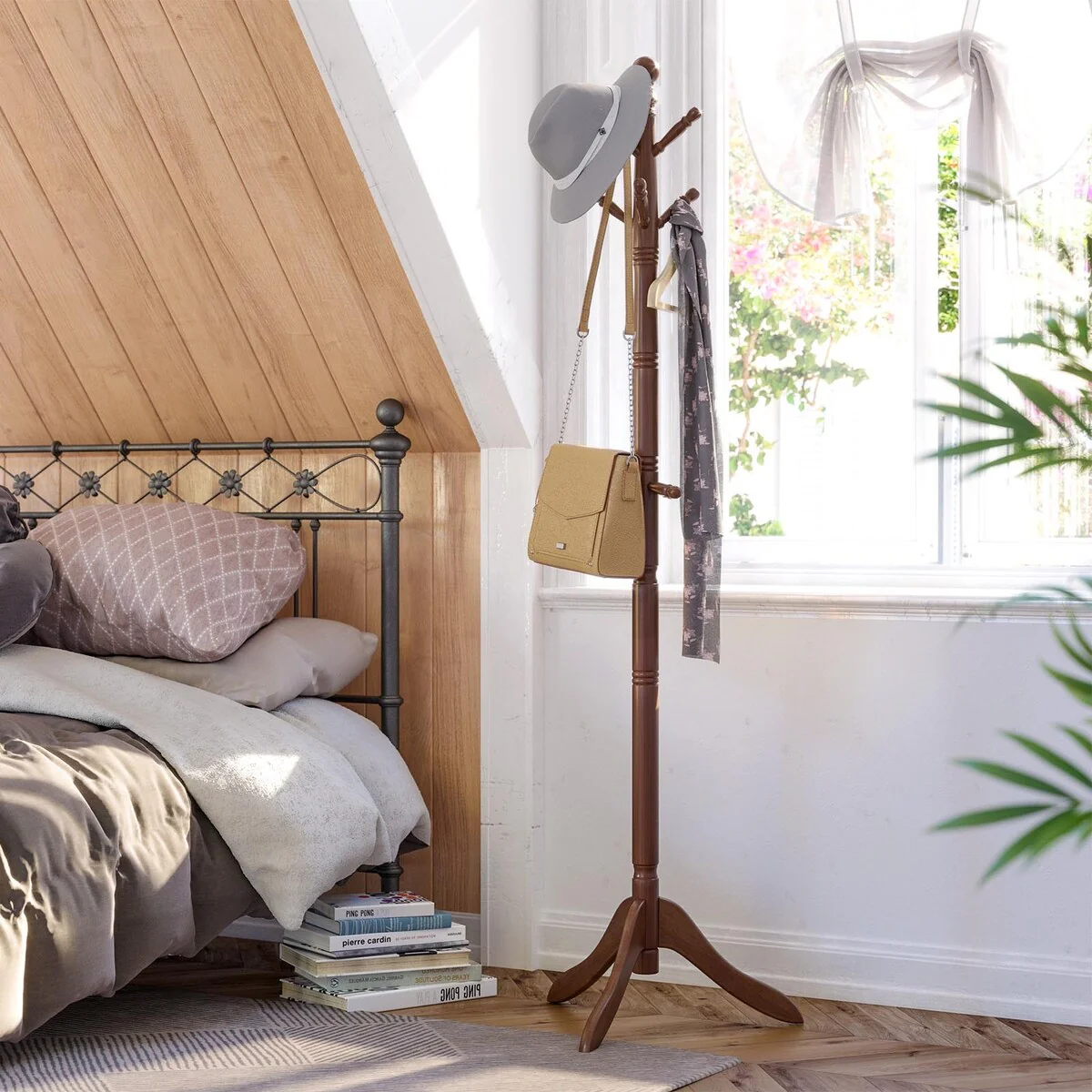 VASAGLE Coat Rack Free Standing, Wooden Hall Tree Coat Hat Tree Coat Hanger Holder Enterway with 10 Hooks