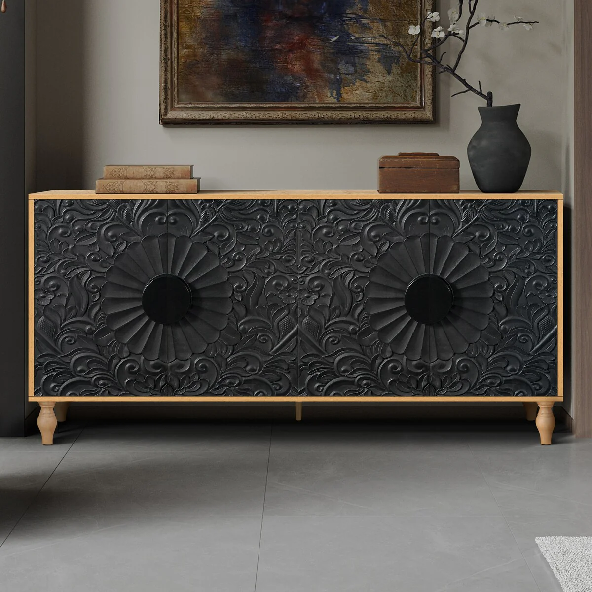 Carved Symmetrical Design Door And Wood Coloured Frame For Tv Stand Table