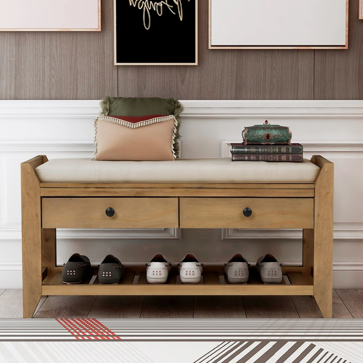 Entryway Storage Shoe Rack Bench with Cushioned Seat and Drawers