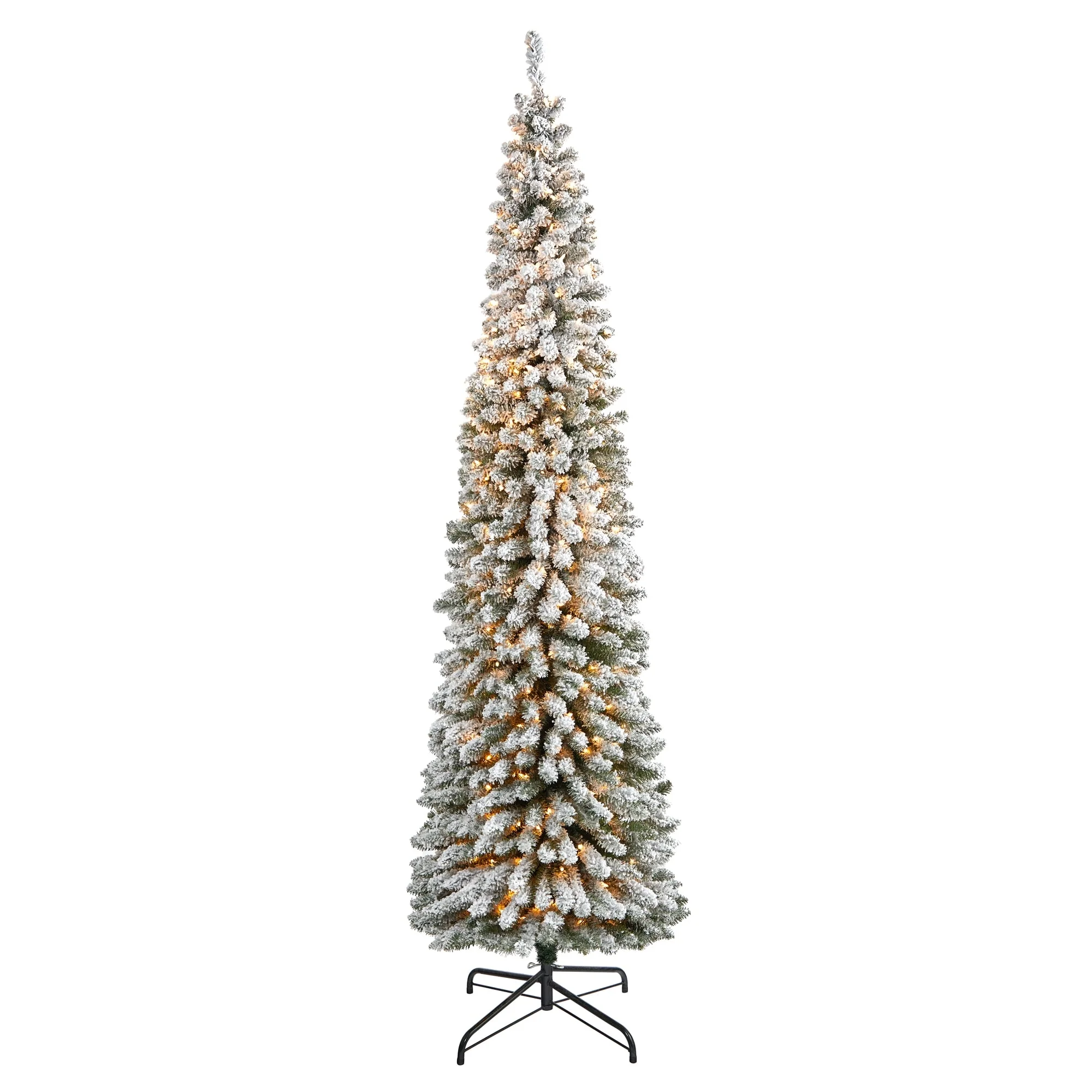 8’ Pre-Lit Pencil Flocked Artificial Christmas Tree, Clear LED Lights - 8 Foot
