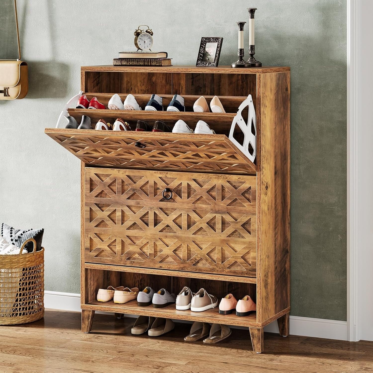 Narrow Hidden Shoe Storage Cabinet with 2 Flip Drawers