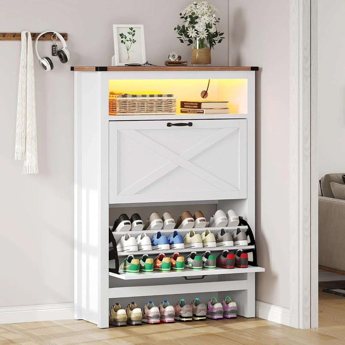 Moasis 2 Flip Drawers Shoe Storage Cabinet with LED Lights 16 Pairs Shoe Rack for Entryway