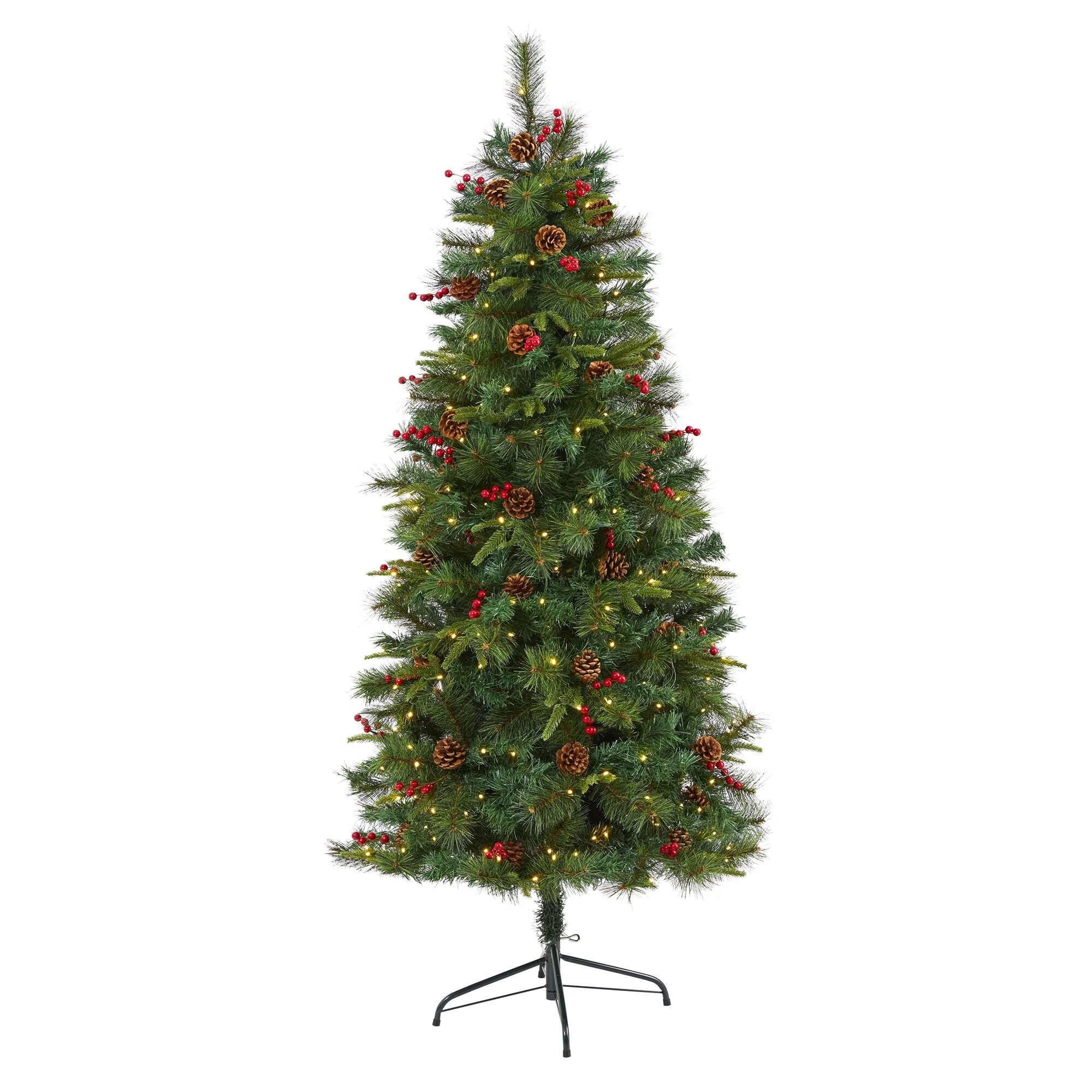 6’ Pinecone & Berry Pine Artificial Christmas Tree, Clear LED Lights - 6 Foot
