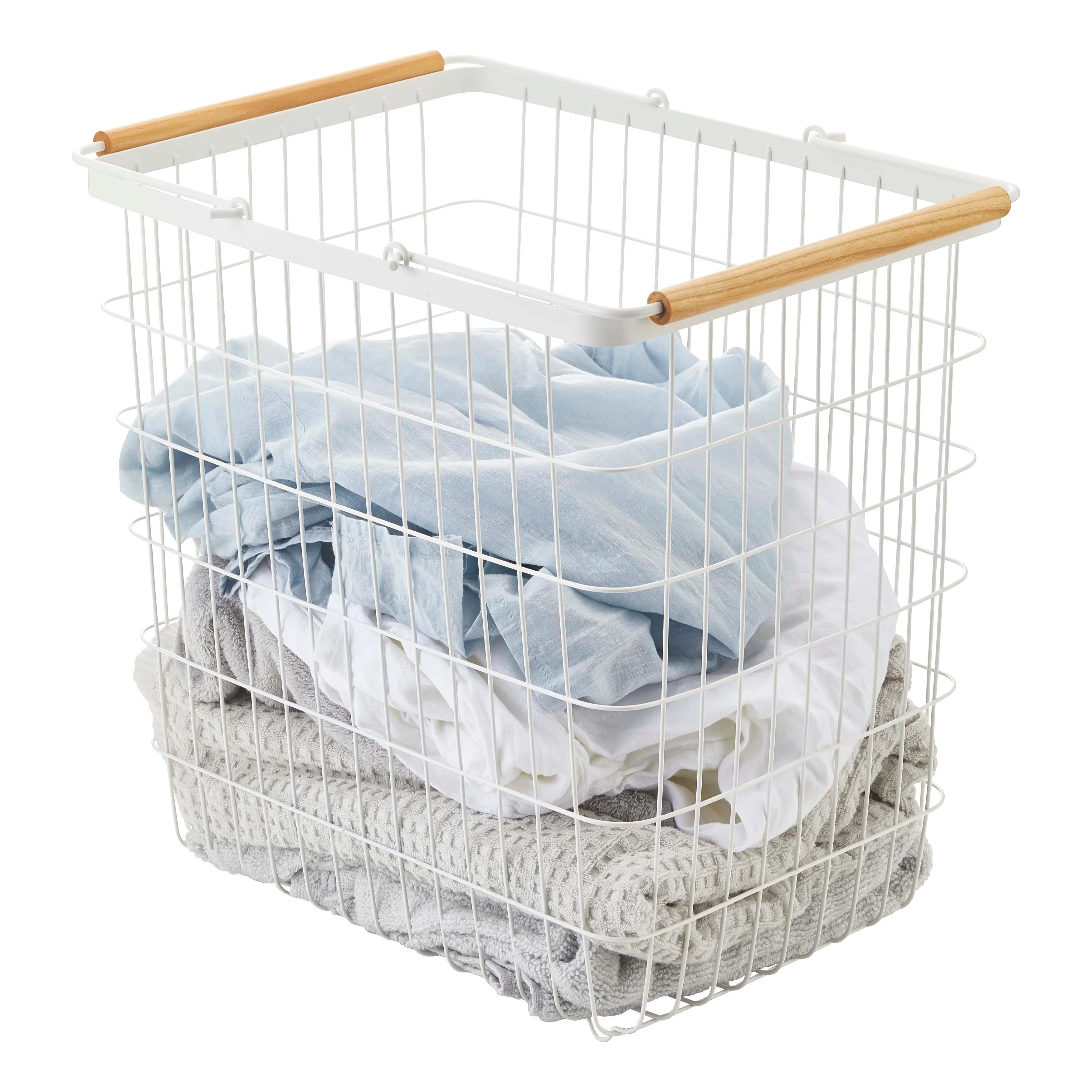Yamazaki Home Wire Basket - Two Sizes, Steel and Wood, Large, 8.7 gallons, 33 liters, Holds 8.8 lbs - Large