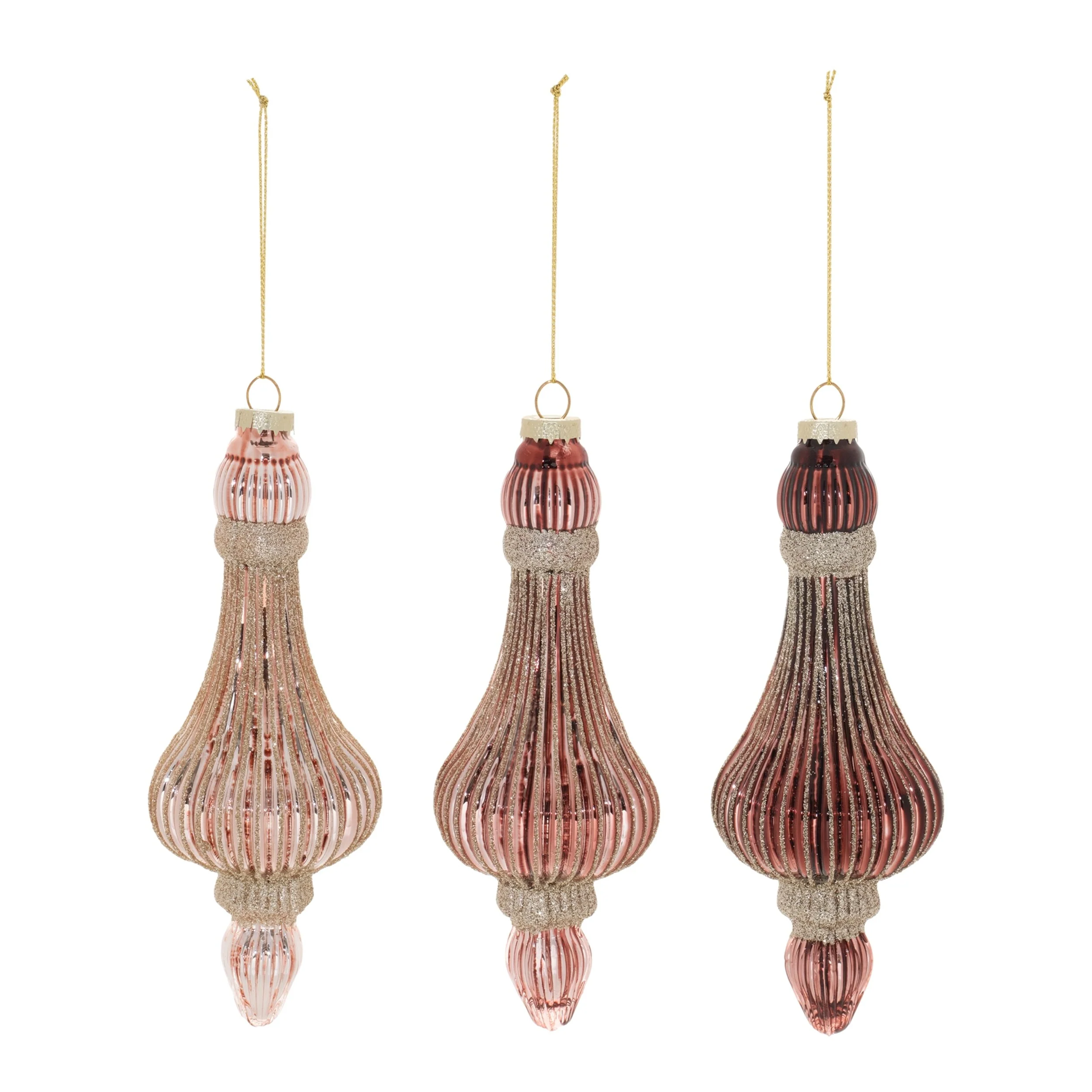 Set of 6 Decorative Ribbed Glass Drop Ornaments in Gold Pink and Mauve Christmas Tree Decor - 2”L x 2”W x 7.75”H
