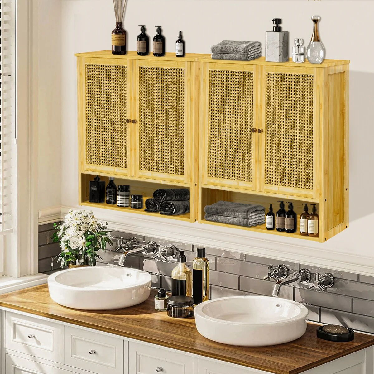 Bamboo Wall Mounted Cabinet Hanging Storage Cabinet with 3 Shelves