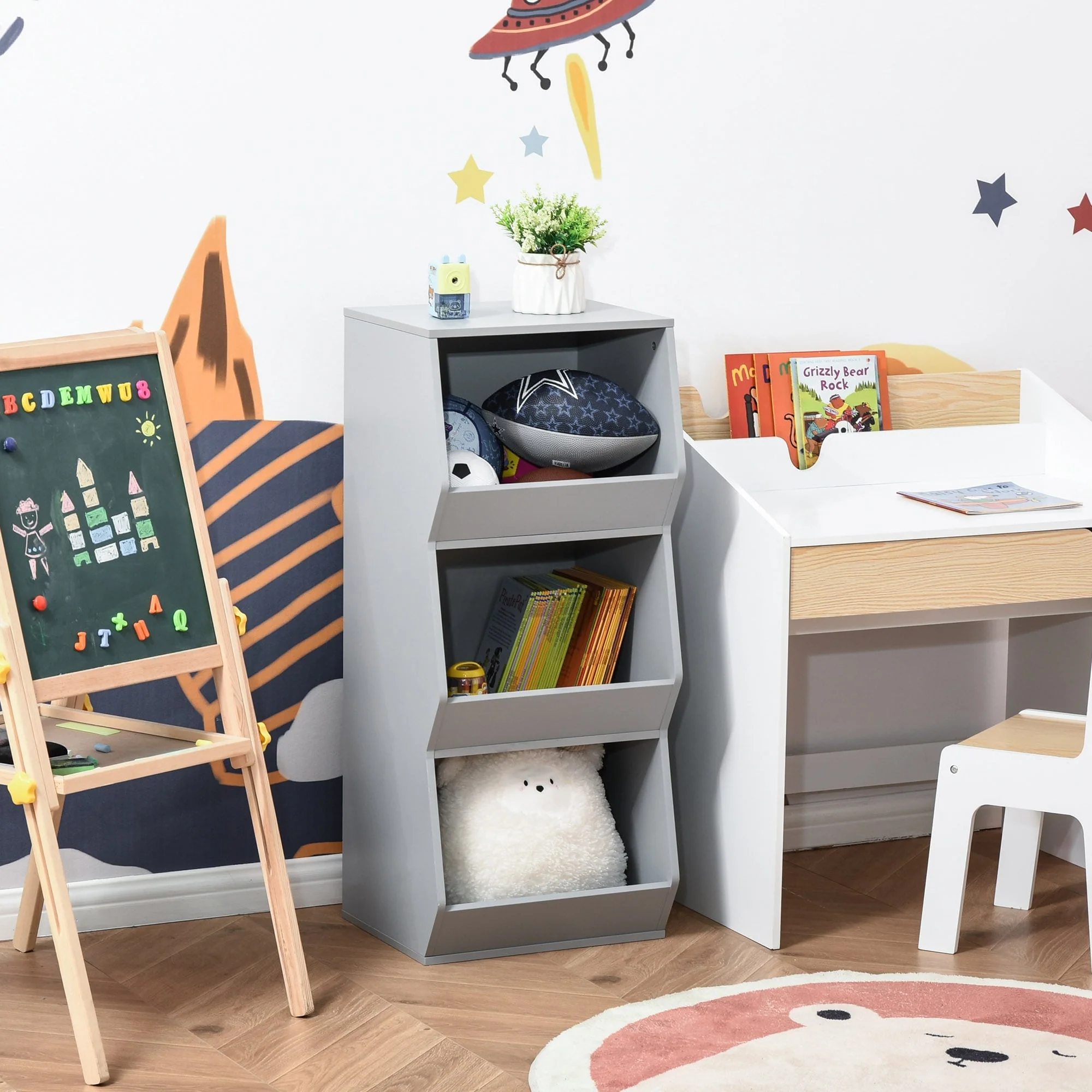 HOMCOM Kids Storage Cabinet 3 Shelves Anti-toppling Toy Storage Organizer Children Bookcase Book Rack, Grey