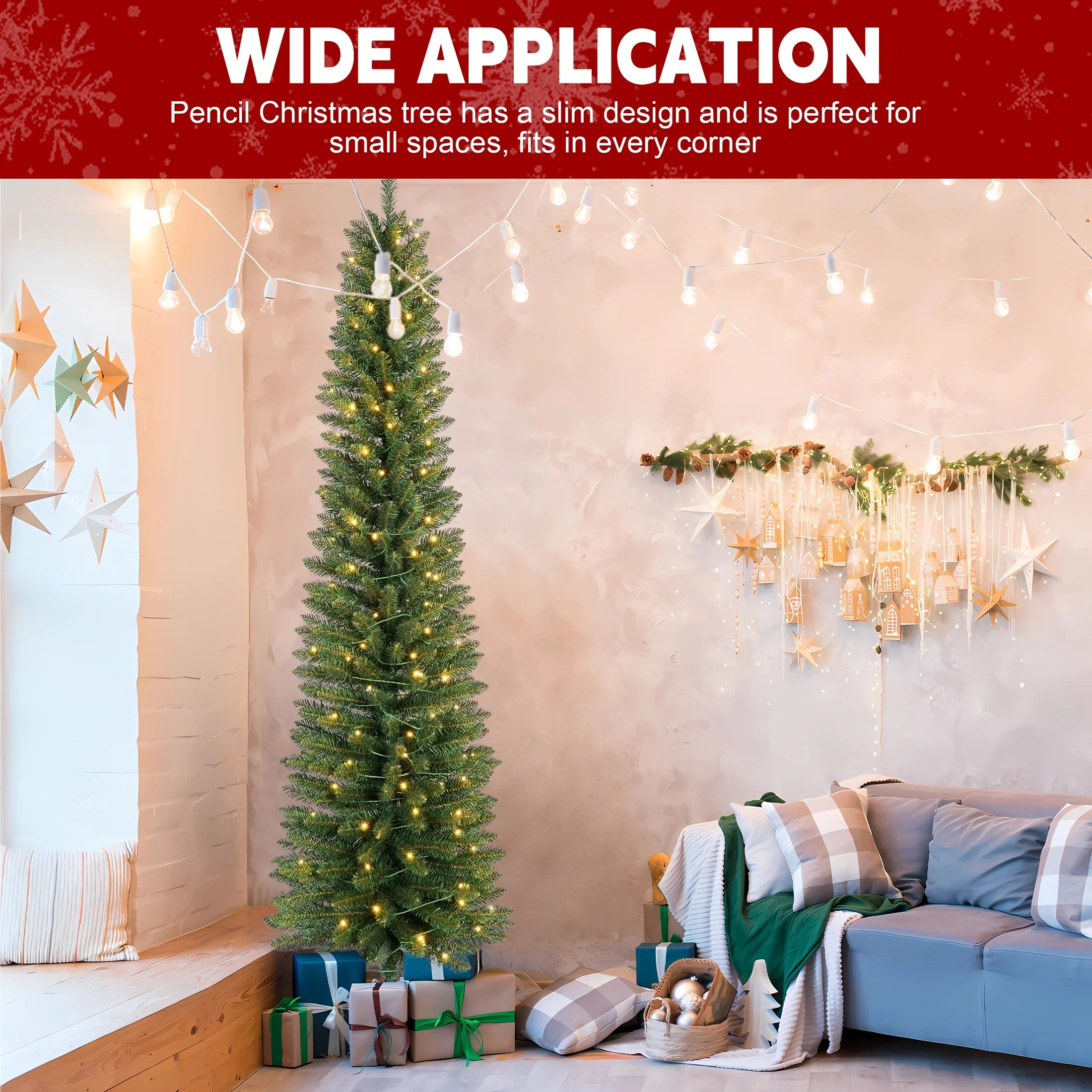 6FT Green Pencil Christmas Tree with 150 Warm White LED Lights-Slim PVC Tree with 358 Tips, Compact Design