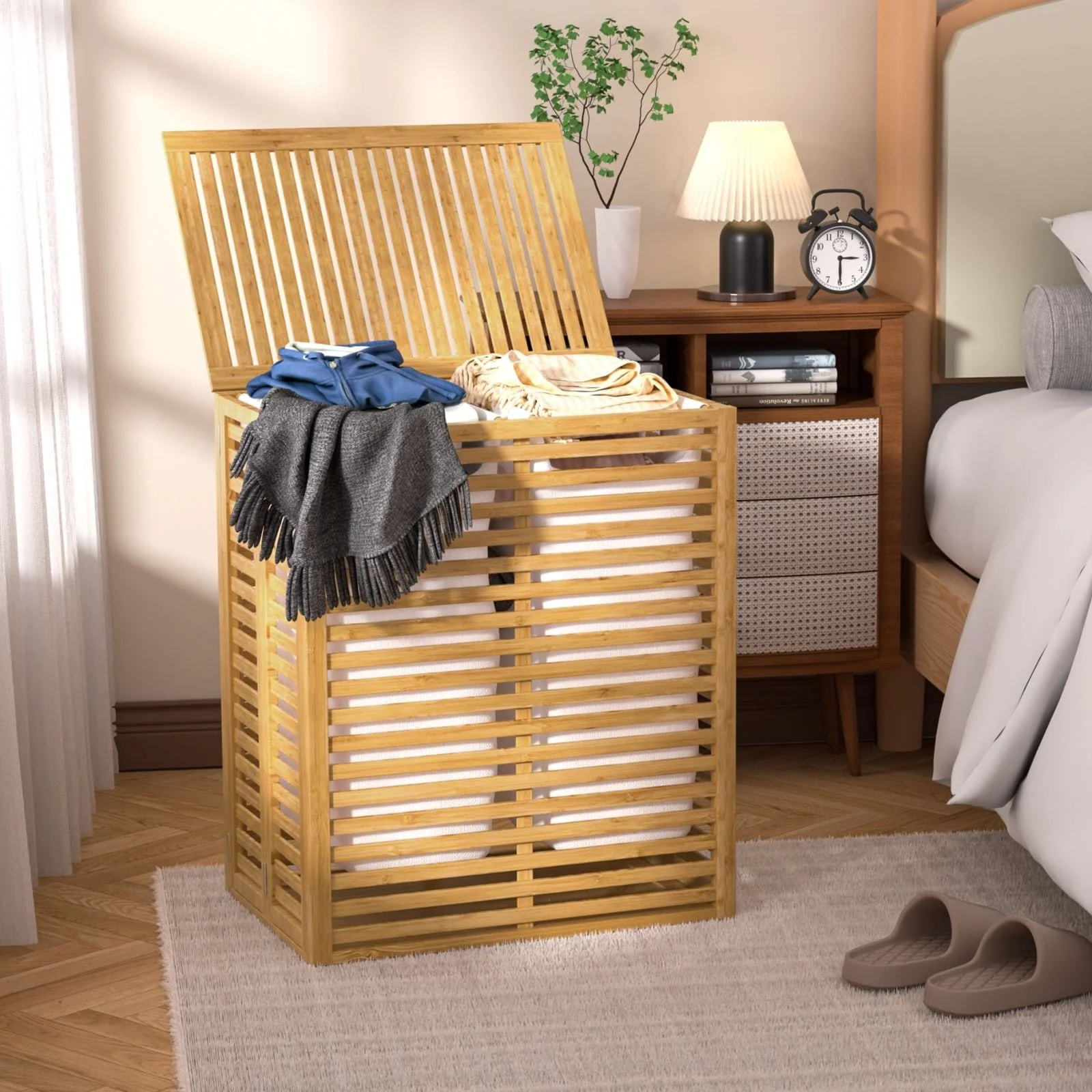 VEIKOUS 2-Section Bamboo Hamper Laundry Basket with Lid and Removable Liner Bags for Clothes - 22''W × 25.3''H × 14''D