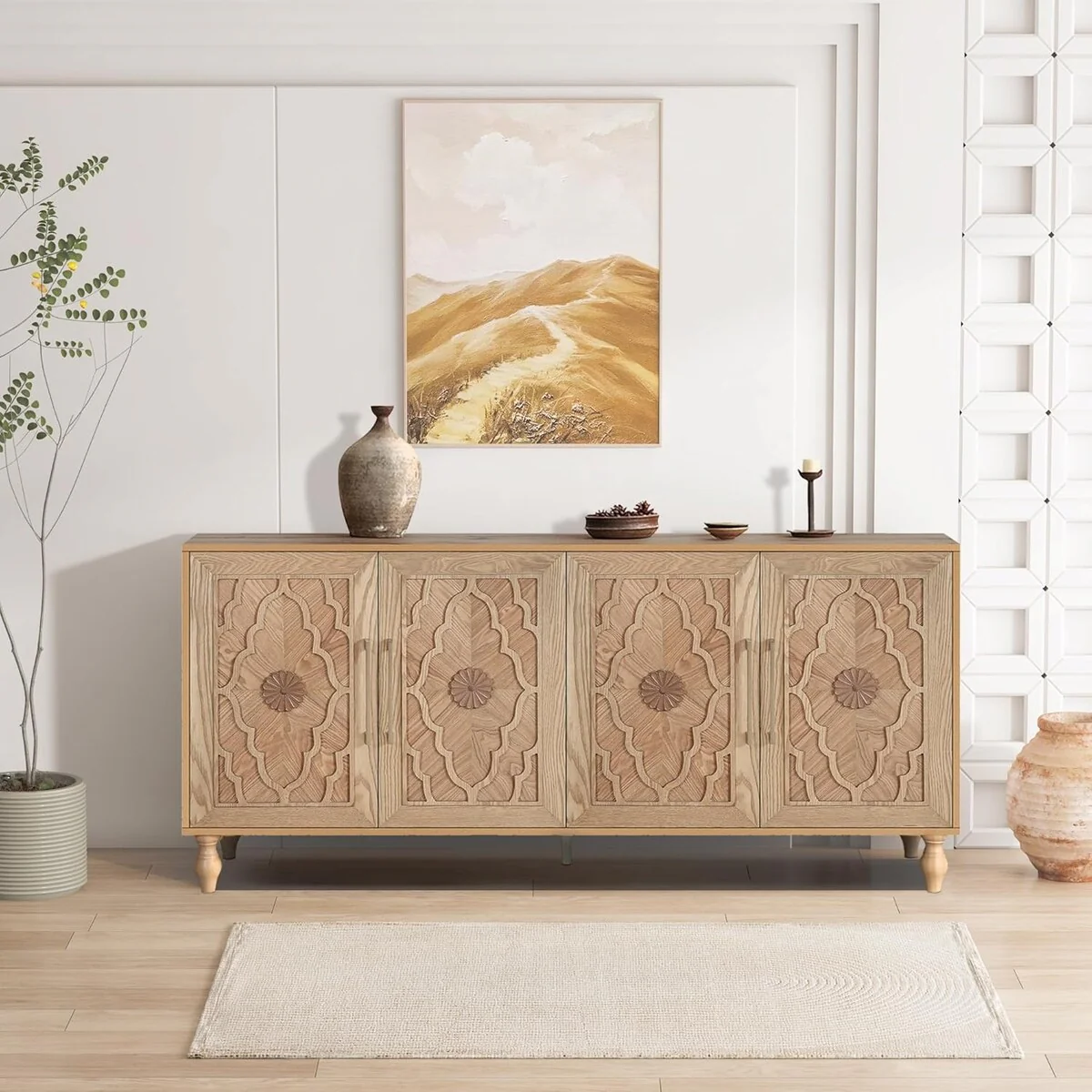 Roomfitters Carved Flower Door Large Storage Cabinet with Metal Handle - Perfect for Living Room, Kitchen, Entryway