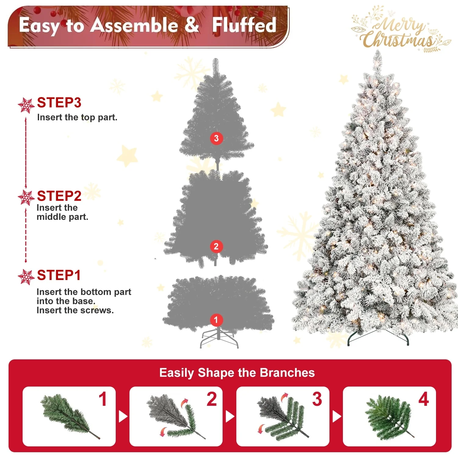 Snow-Flocked 7.5ft Xmas Tree with Pine Cones, Hinged, and Reinforced Metal Base for Indoor and Outdoor Festive Decorations