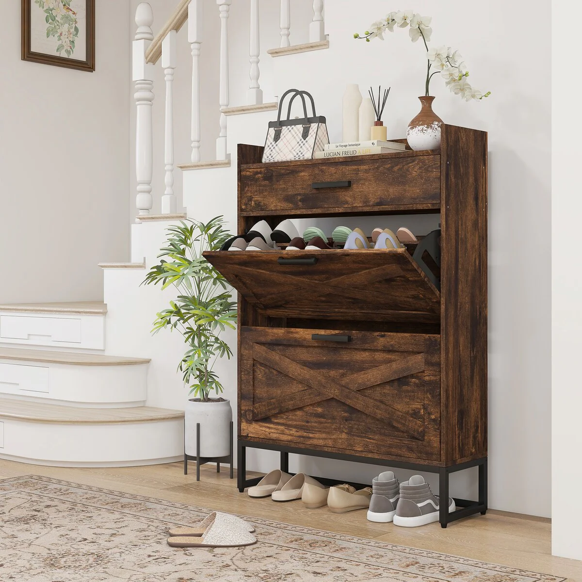 HOMCOM 2 Flip Drawers Shoe Storage Cabinet with Adjustable Shelves, and Top Drawer
