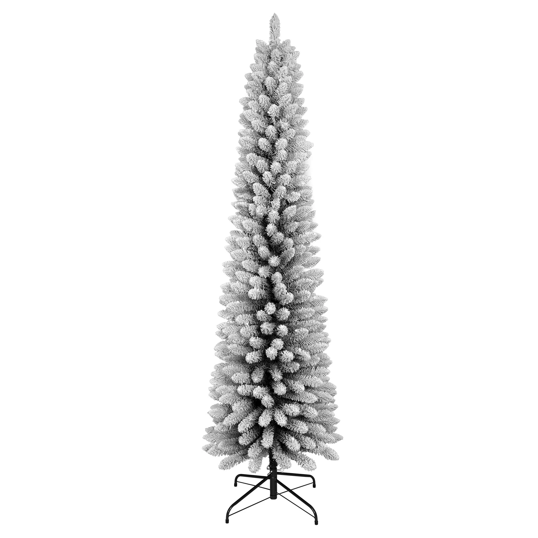 6FT Flocked Pencil Christmas Tree-Slim PVC Tree with 358 Snowy Tips, Space-Saving Design, Realistic Snow Effect