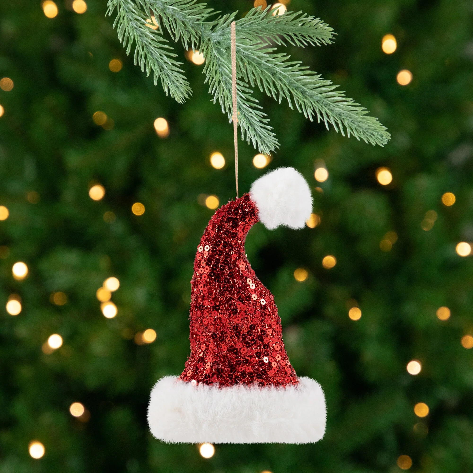 Sequined Santa Hat with Plush Trim Christmas Ornament - 8.5
