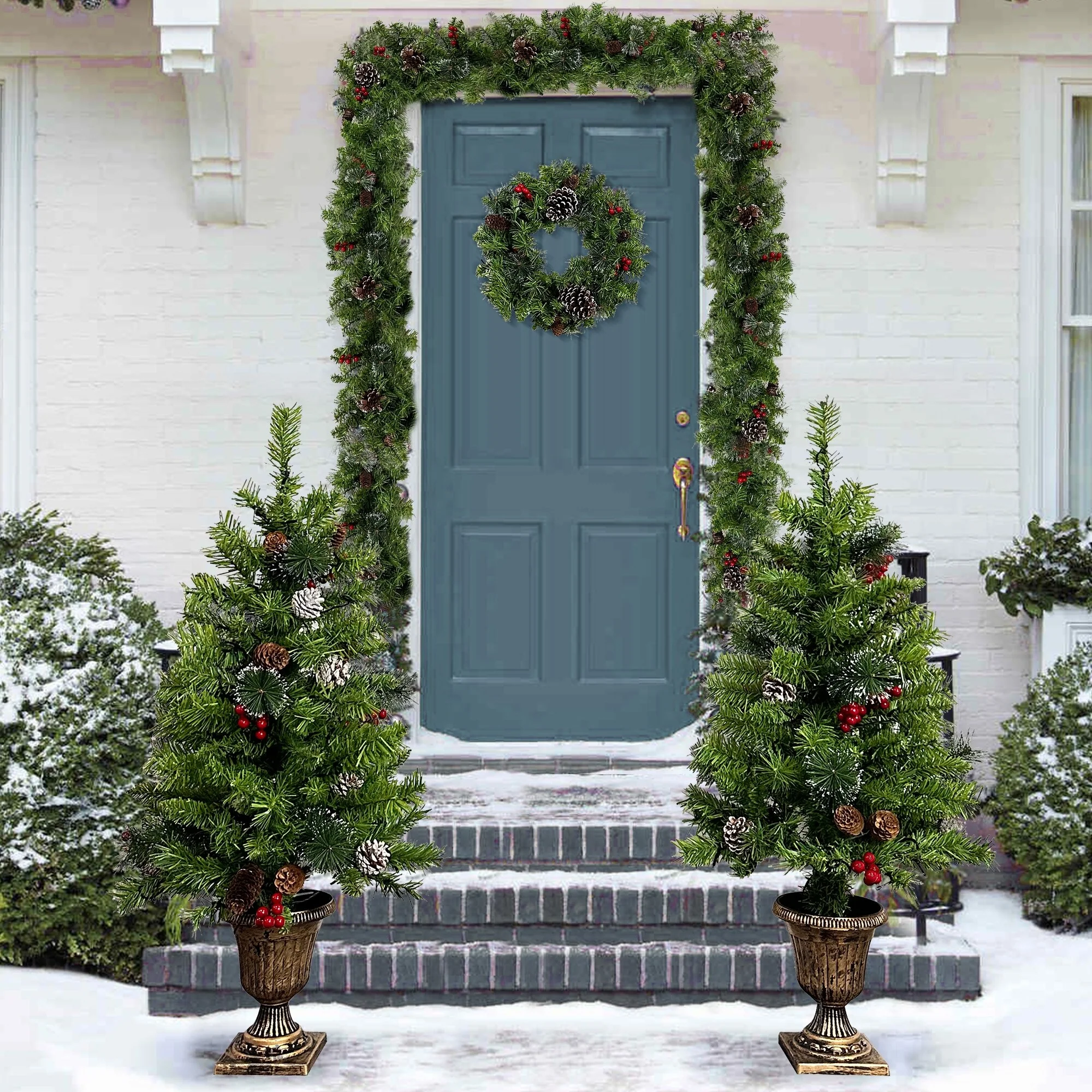 4-Piece Artificial Christmas 3FT Tree Set with 295 LED Lights and Garland, Wreath, for Home Office Holiday Party Decoration