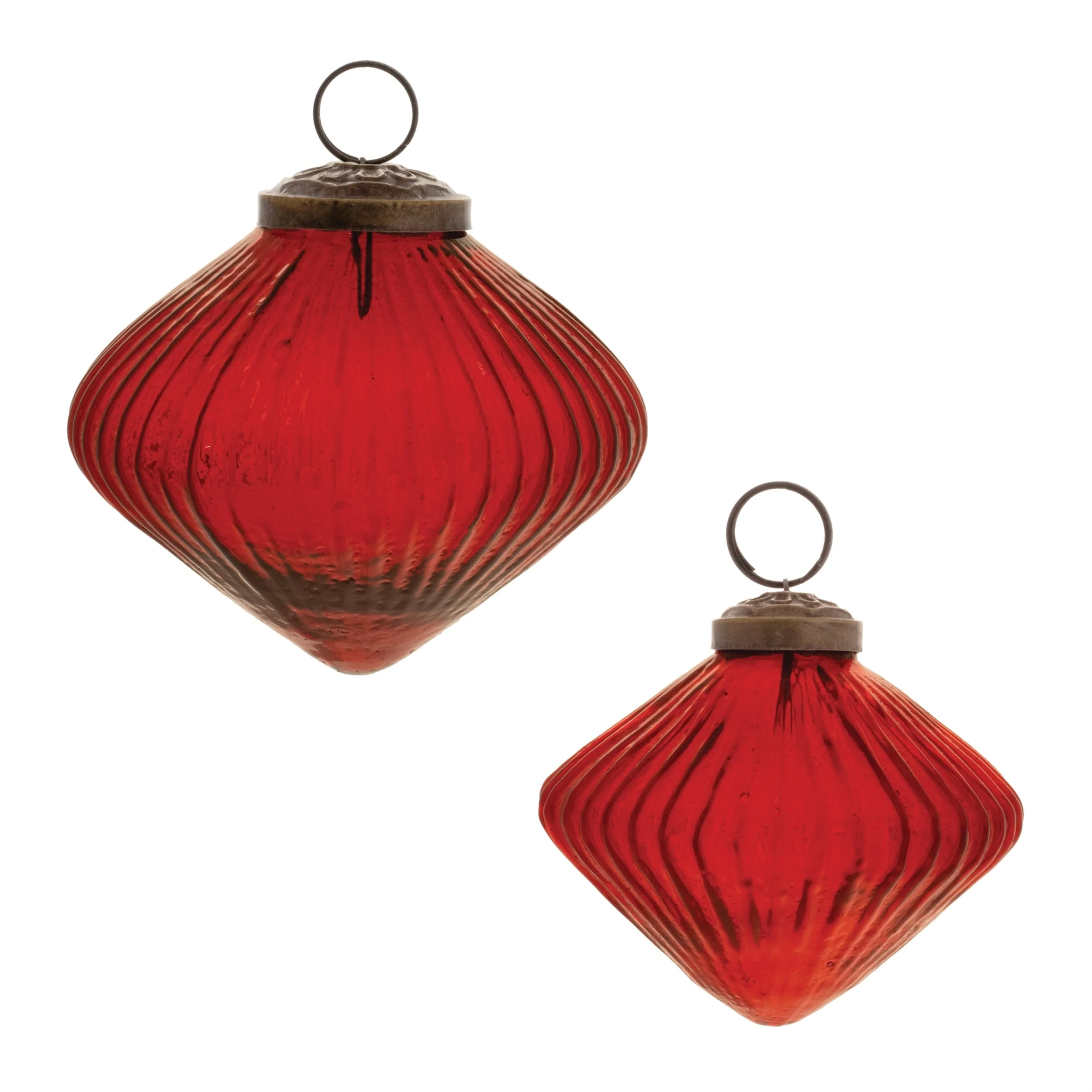 Glass Ribbed Diamond Ornaments with Brass Caps Set of 12 - 3.5” x 3.5” x 3” (L x W x H)