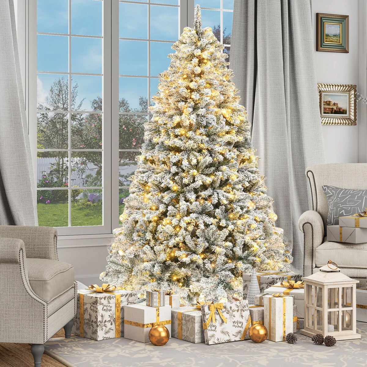 Snow Flocked Artificial Full 6/7.5/9ft Christmas Pine Tree with 8 Light-Modes, 800 Branch Tips, and Foldable Base for Home