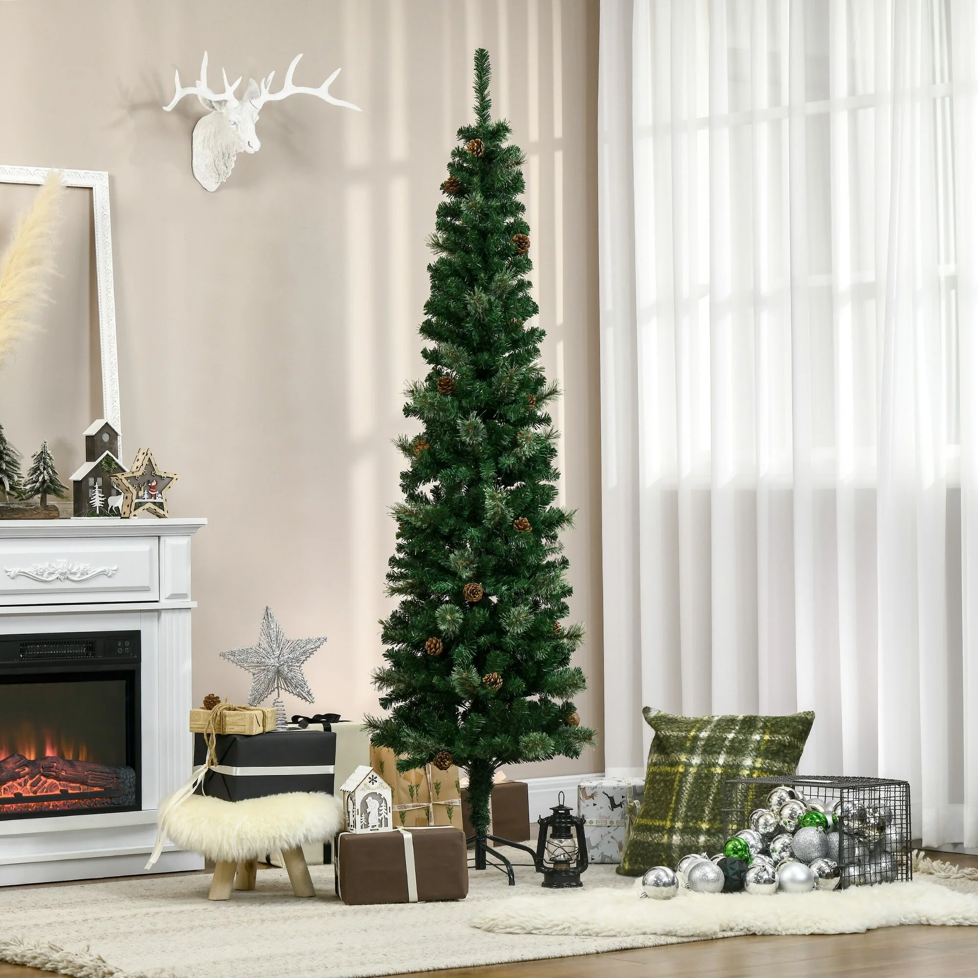 6.5' Slim Pine Needles Christmas Tree, Unlit Artificial Xmas Tree with Pine Cones, Green