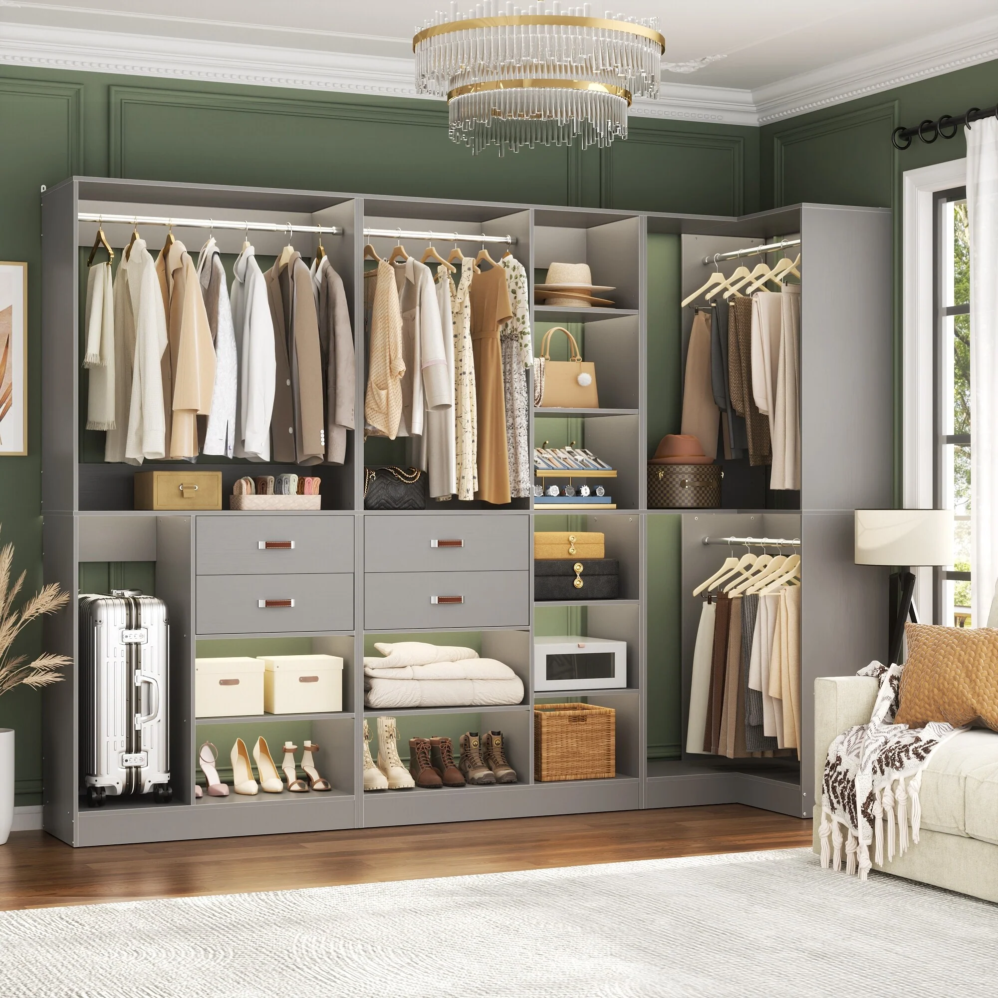 Vryon 110'' Set of 3 Freestanding Corner Closet Organizer, Reversible Wardrobe with Hanging Rods