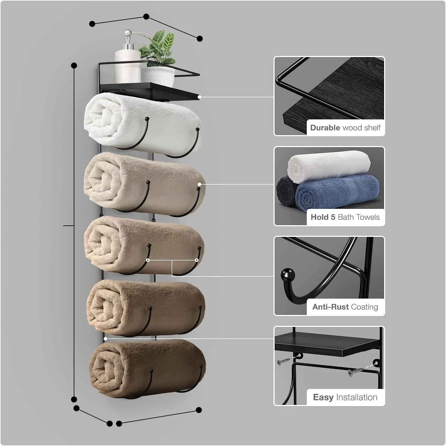 Five Level Bathroom Towel Rack Holder and Organizer - Black