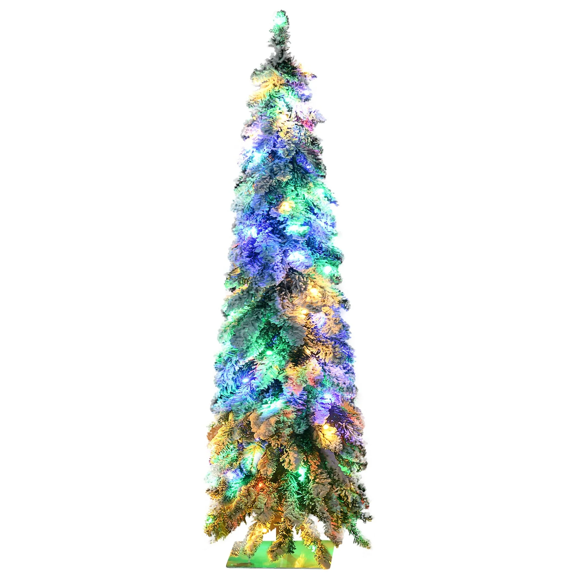HOMCOM 4ft Tall Prelit Pencil Artificial Christmas Tree Holiday Décor with 225 Snow Flocked Branches, Downswept Shape - 3.93 ft