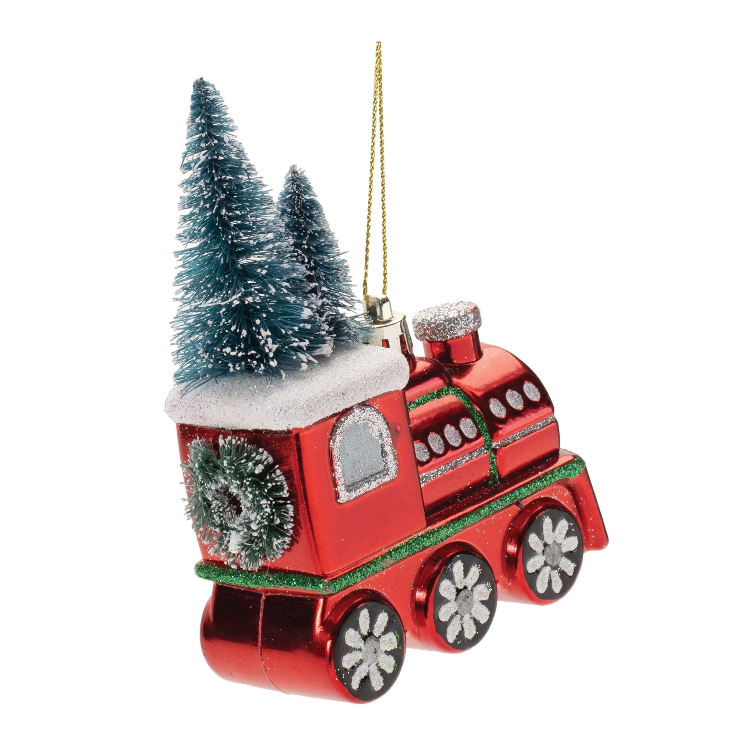 Christmas Tree Ornaments Set of 6 Glitter Train Red and Green Decor - 3.75