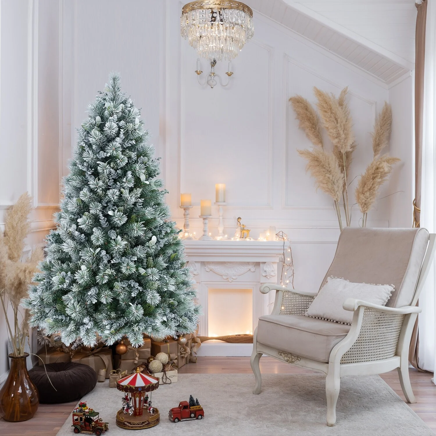 4FT Flocked Christmas Tree with Pine Needles & Eucalyptus Leaves, 404 Tips, Hinged Branches, Metal Stand-Snowy Artificial Tree
