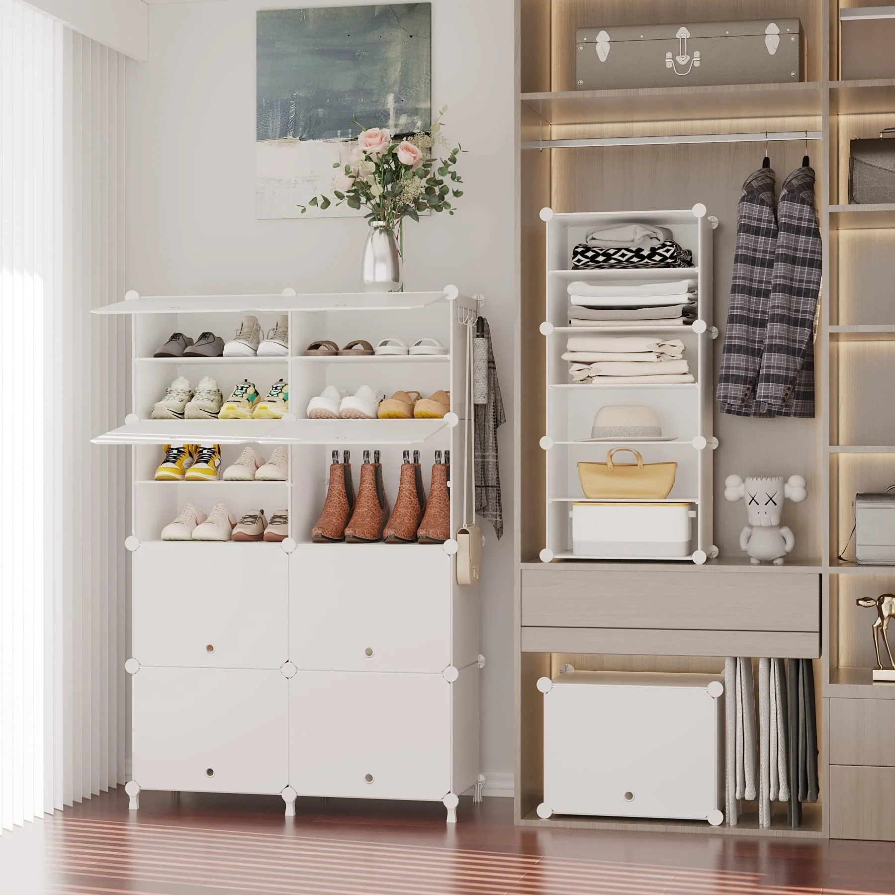 Shoe Rack, 8 Tier Shoe Storage Cabinet with Door, 32 Pair Shoe Organizer Shelves for Closet Hallway Bedroom Entryway, White