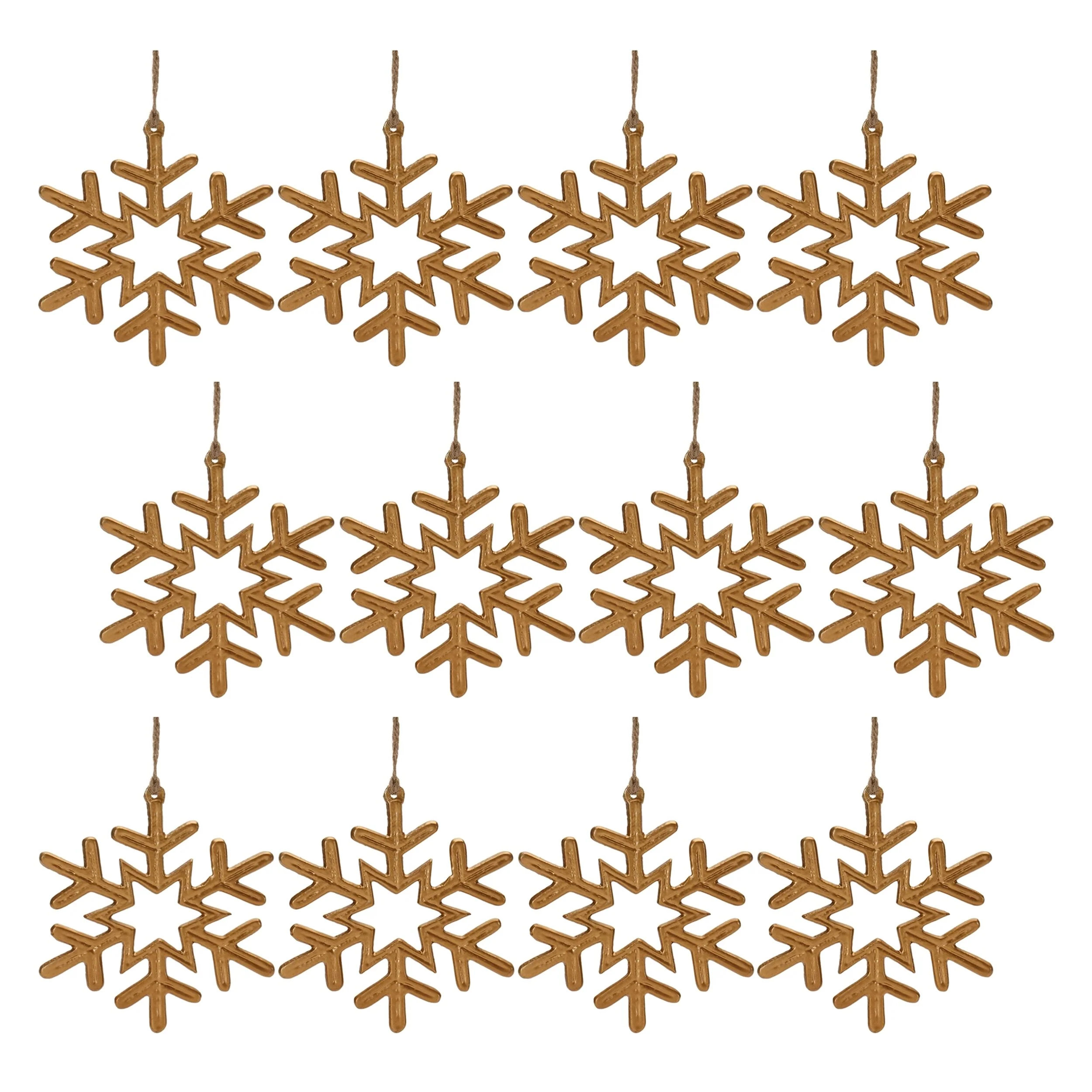 Set of 12 Christmas Tree Snowflake Ornaments Gold Aluminum - 5” x 0.25” x 5.25”