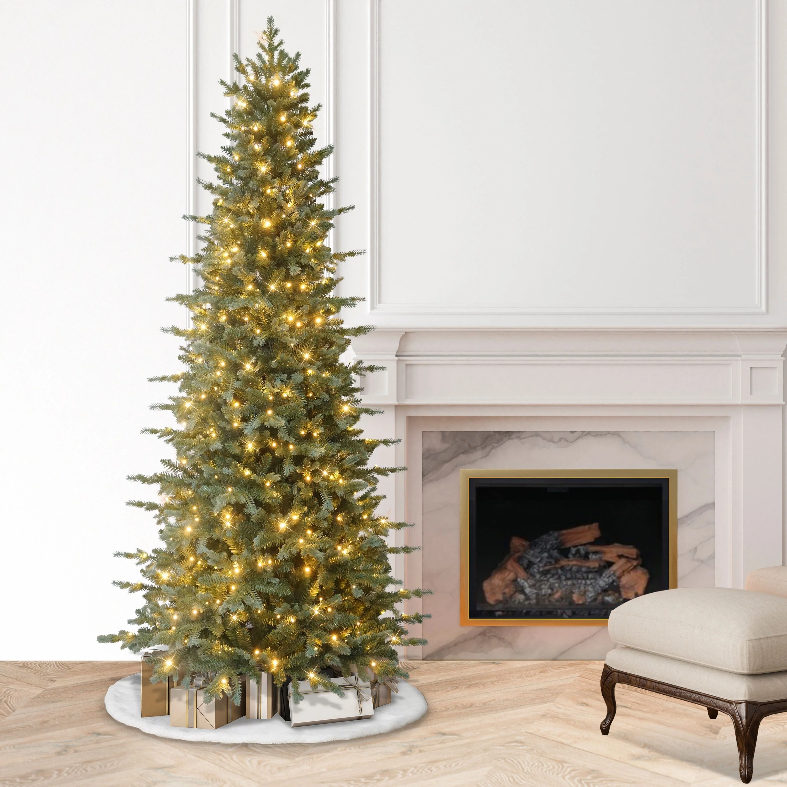 Puleo International 7.5' Pre-Lit Slim Linden Fir Artificial Tree with 350 Dual-Color LED Lights