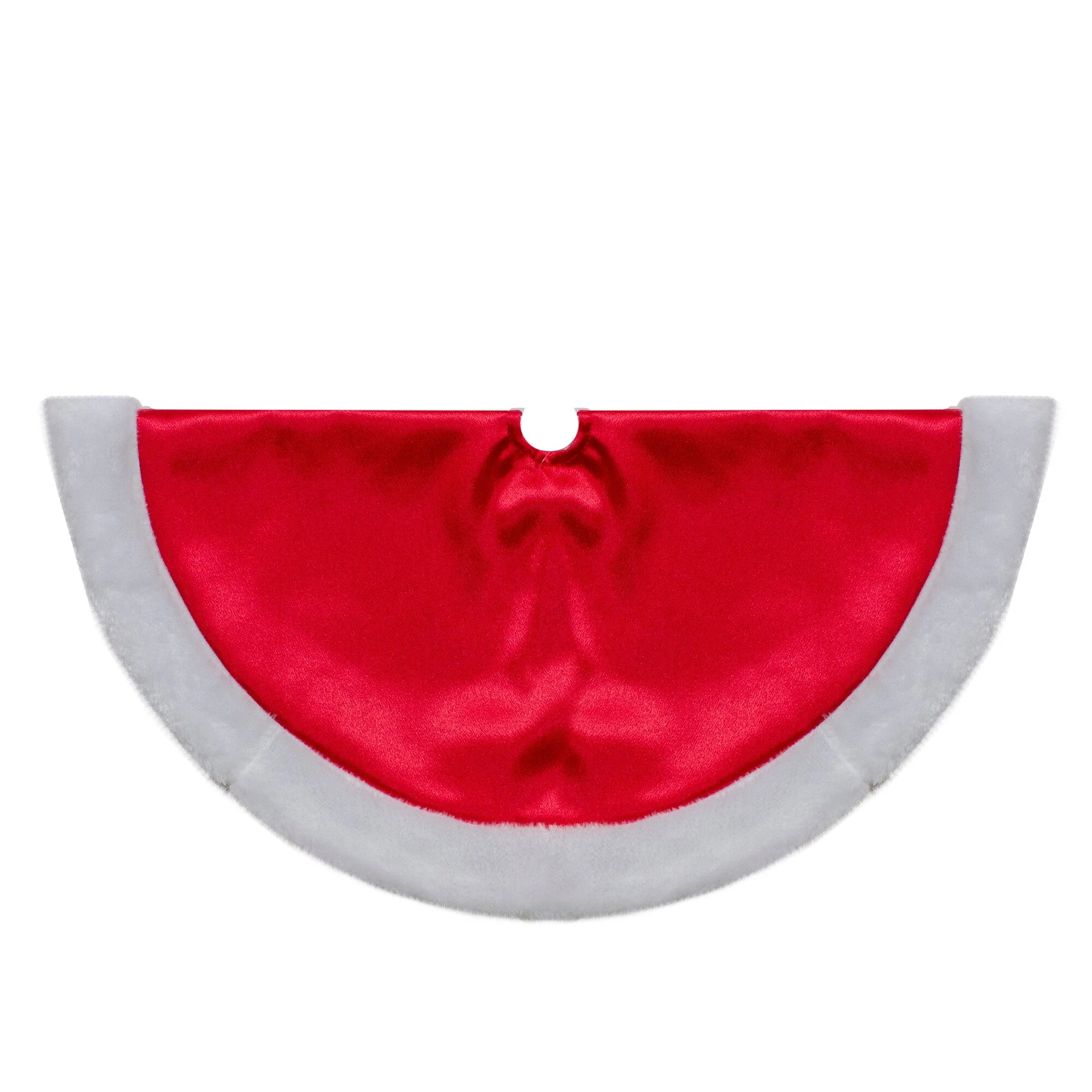 20-Inch Red Satin Mini Christmas Tree Skirt With a White Fake Fur Trim