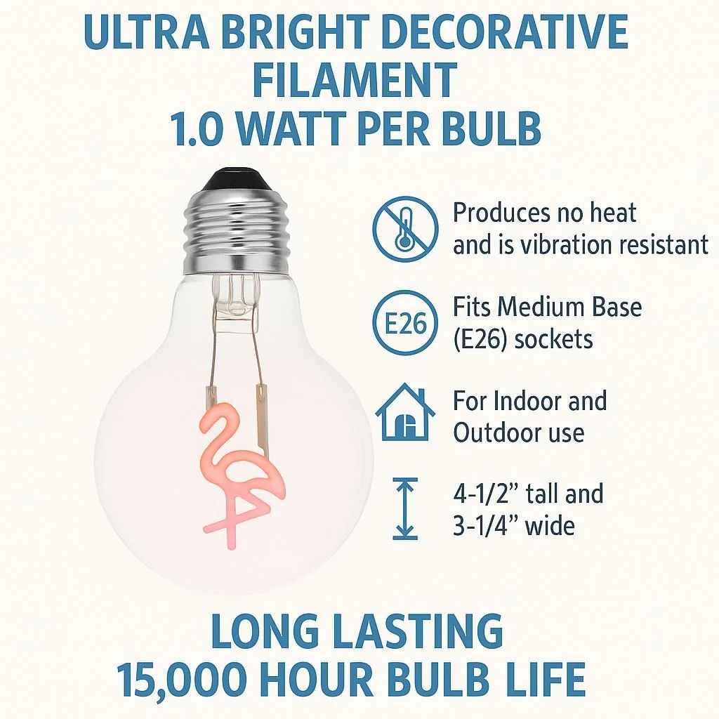 Festive Living LED Flamingo Decorative Filament Bulb G80 Globe E26 Base 1W Clear Glass 1pk