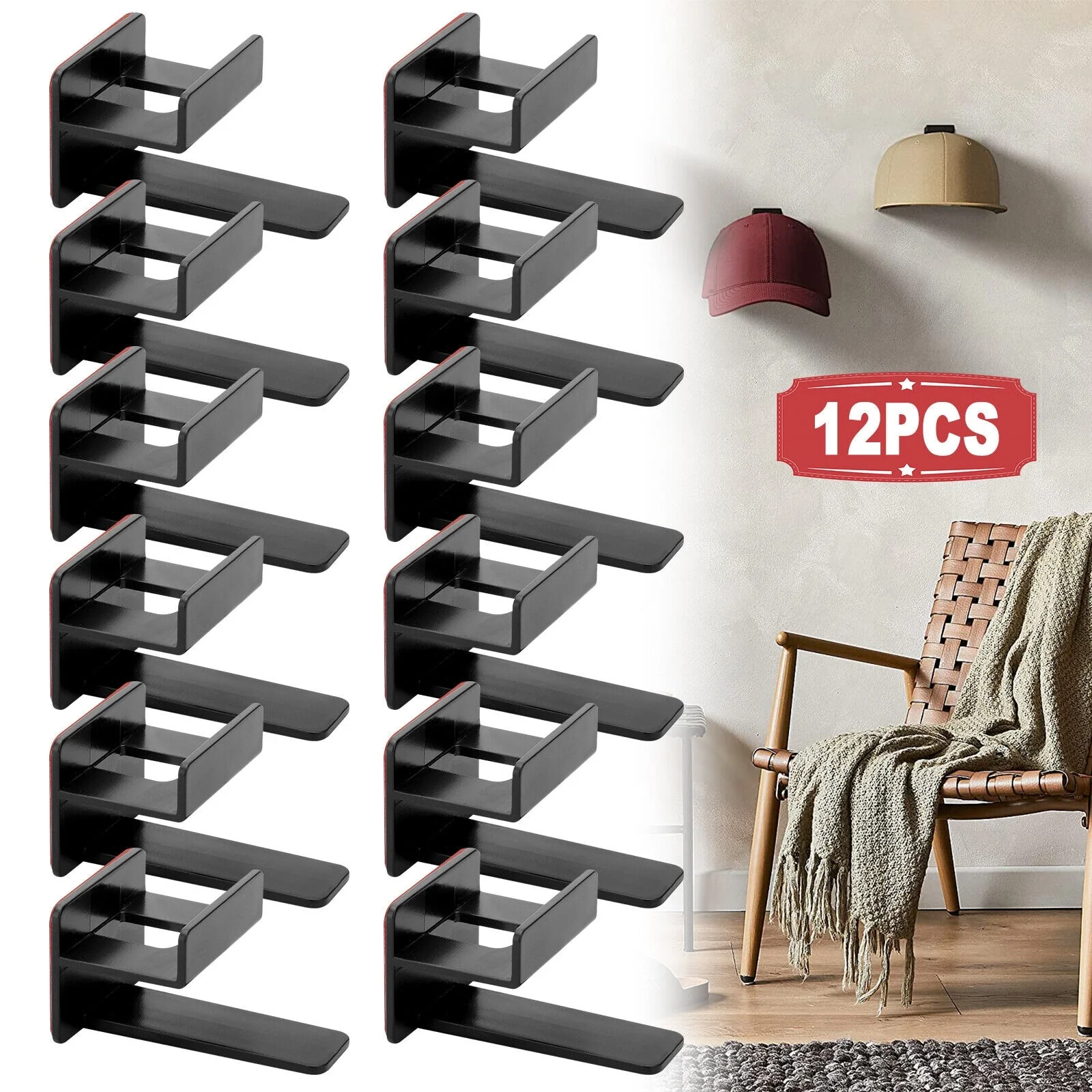 Baseball Cap Rack Wall Door Hanger with 12 Hooks and Adhesive