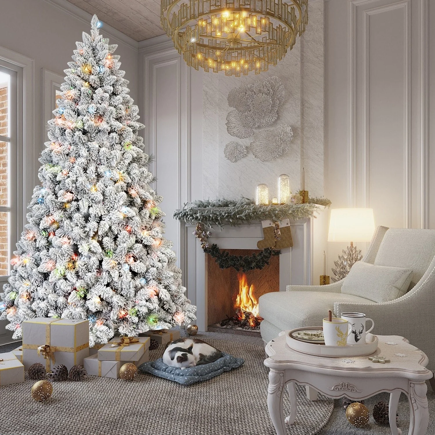 7FT Flocked Christmas Tree with 500 Colorful UL Lights and 45 Natural Pine Cones-1124 Snowy PVC Tips, Hinged Branches