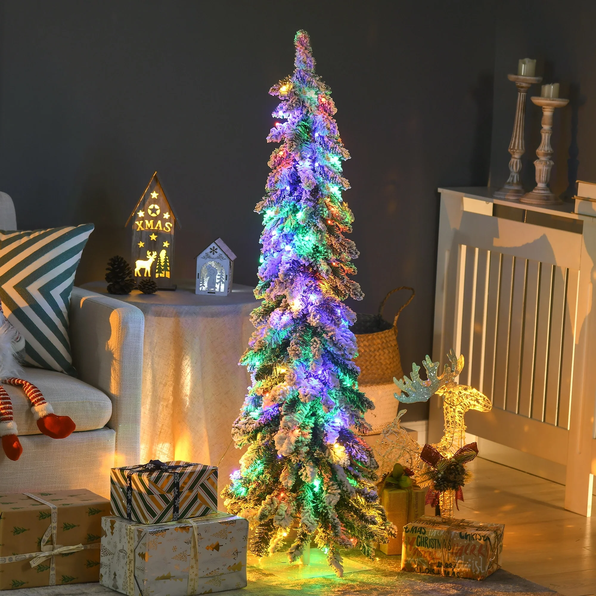 HOMCOM 4ft Tall Prelit Pencil Artificial Christmas Tree Holiday Décor with 225 Snow Flocked Branches, Downswept Shape - 3.93 ft